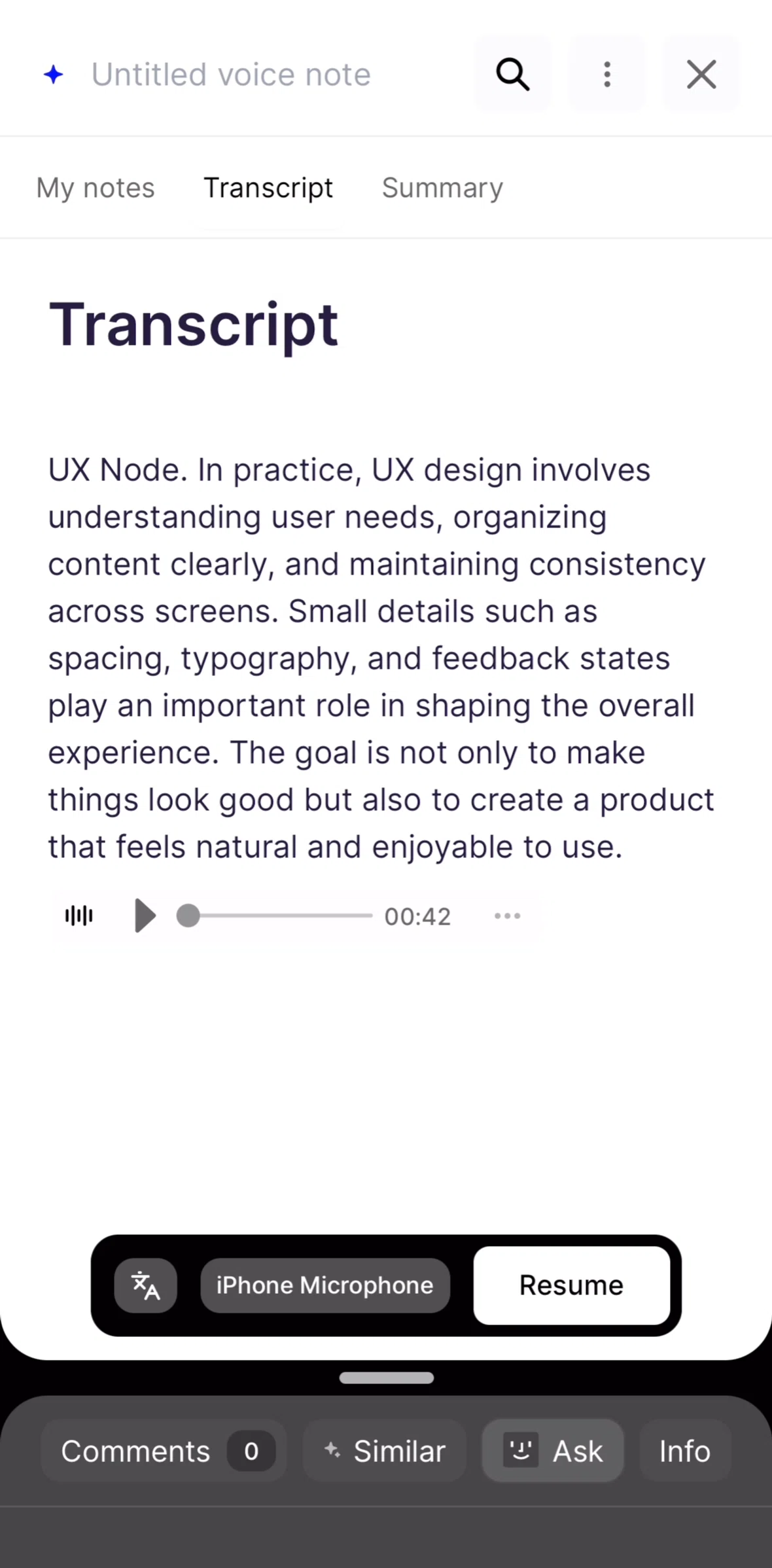 Fabric Screen screen in the Asking AI about voice note flow