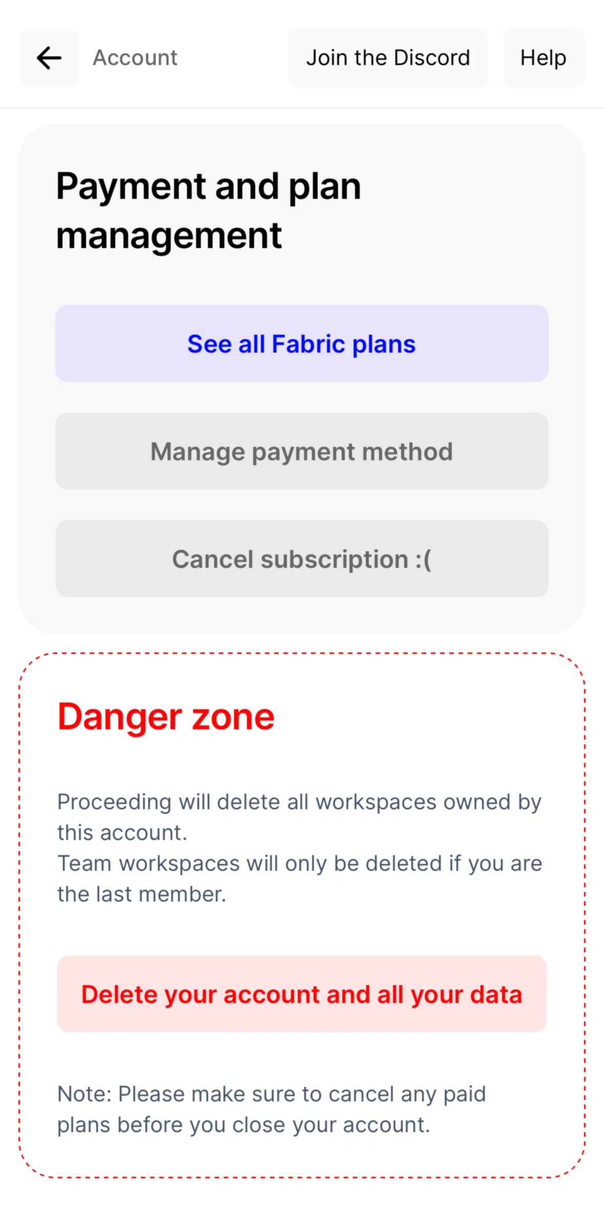 Fabric Screen screen in the Canceling a subscription flow
