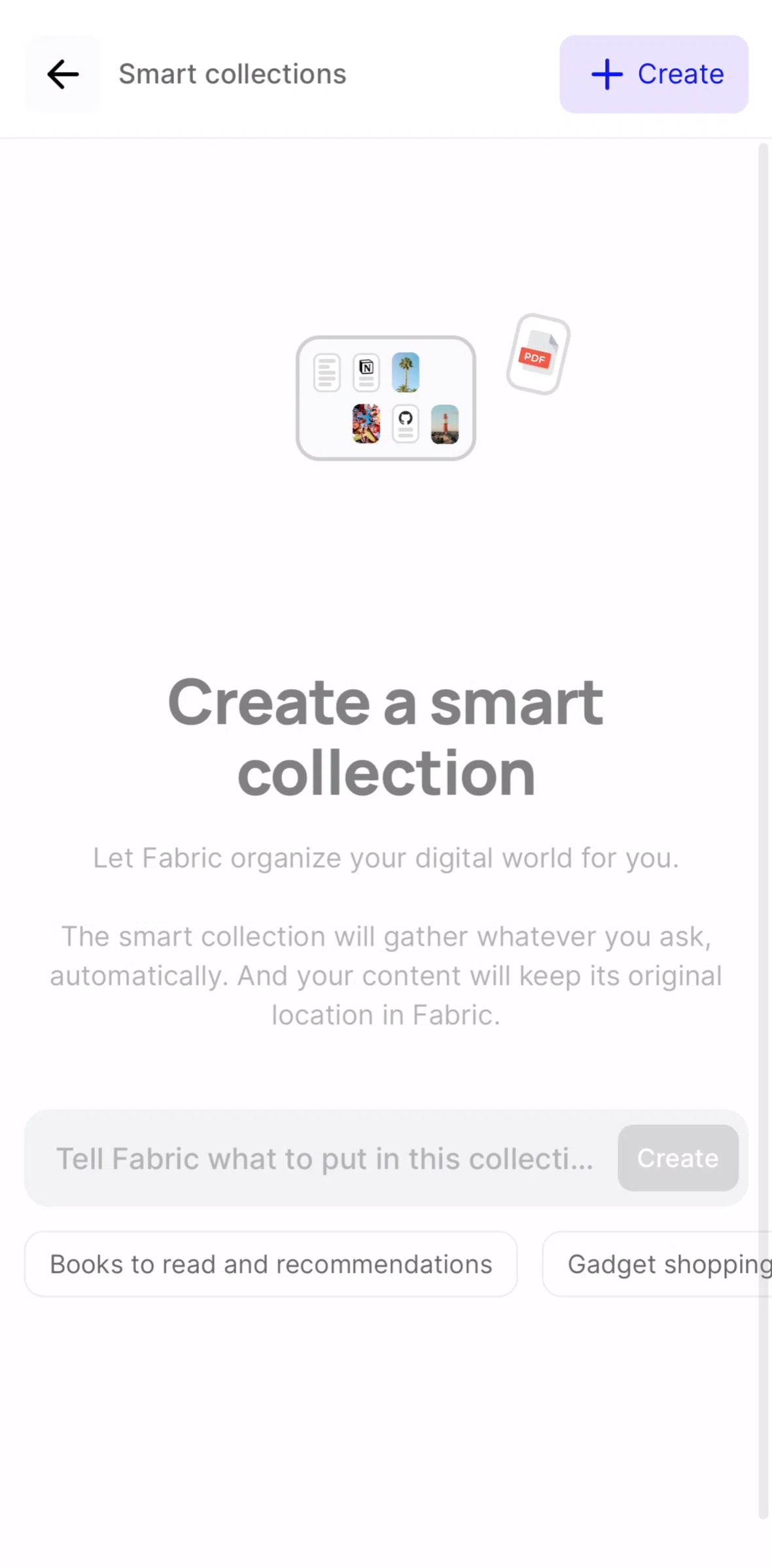 Fabric Screen screen in the Creating a smart collection flow