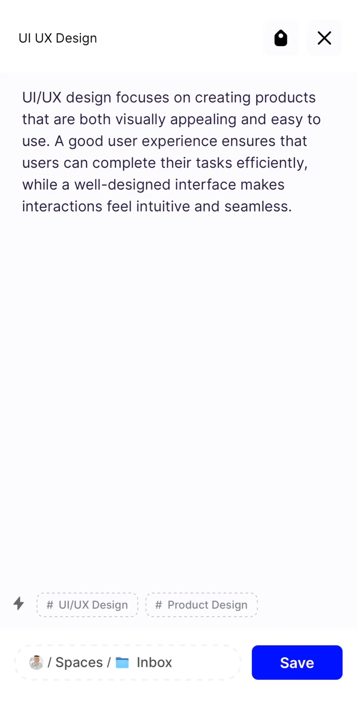 Fabric Screen screen in the Creating a tag (note) flow
