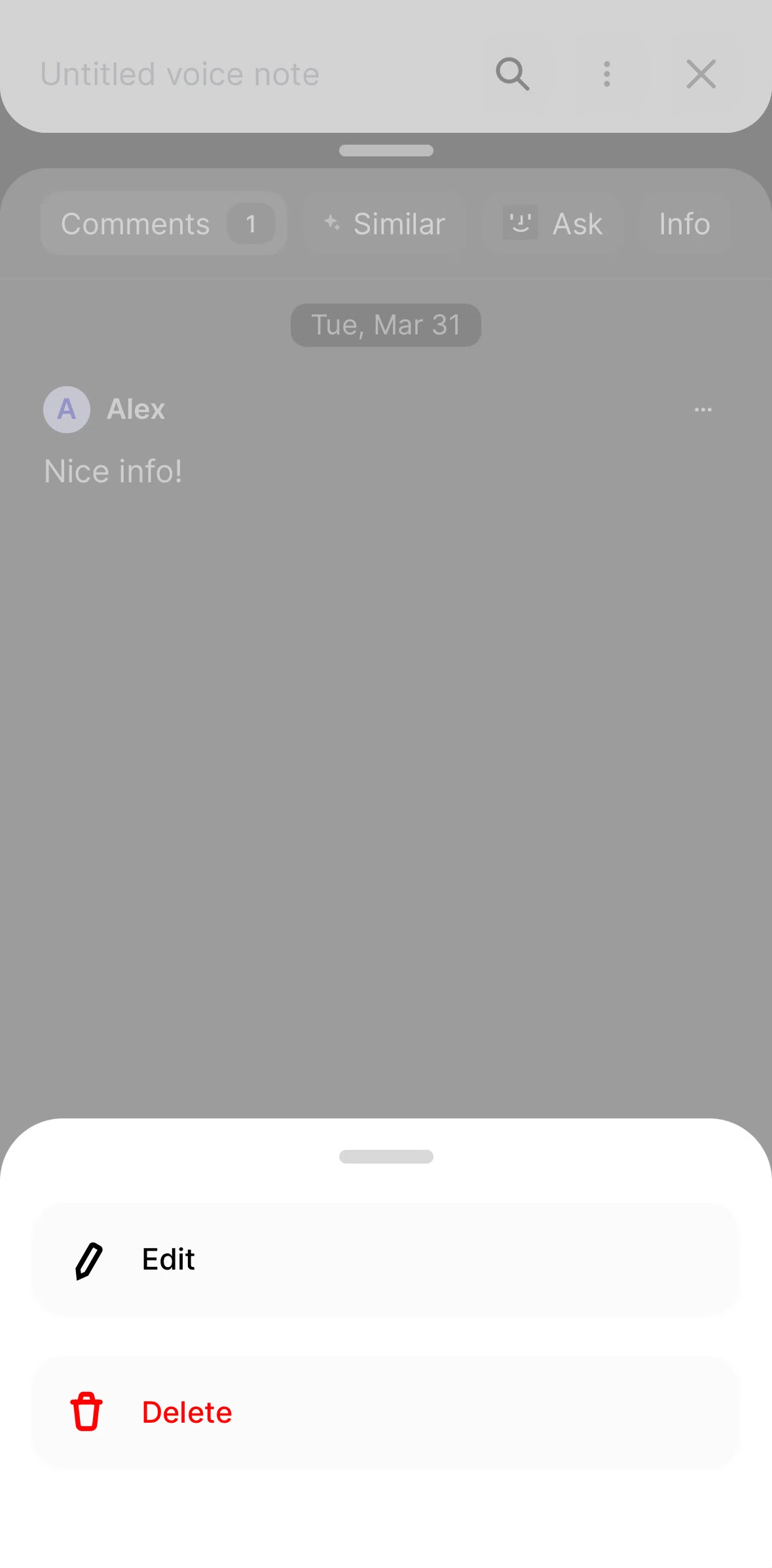 Fabric Screen screen in the Deleting a comment flow