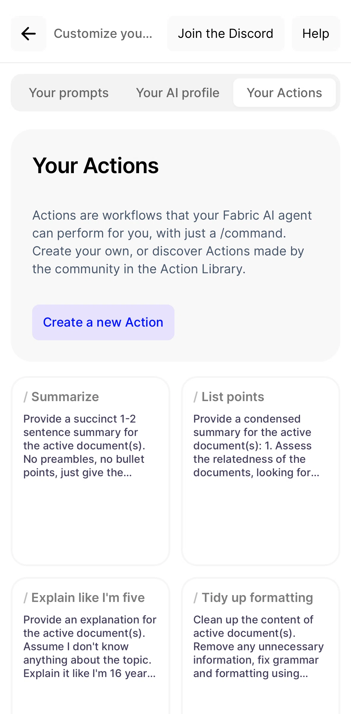 Fabric Screen screen in the Deleting an action flow