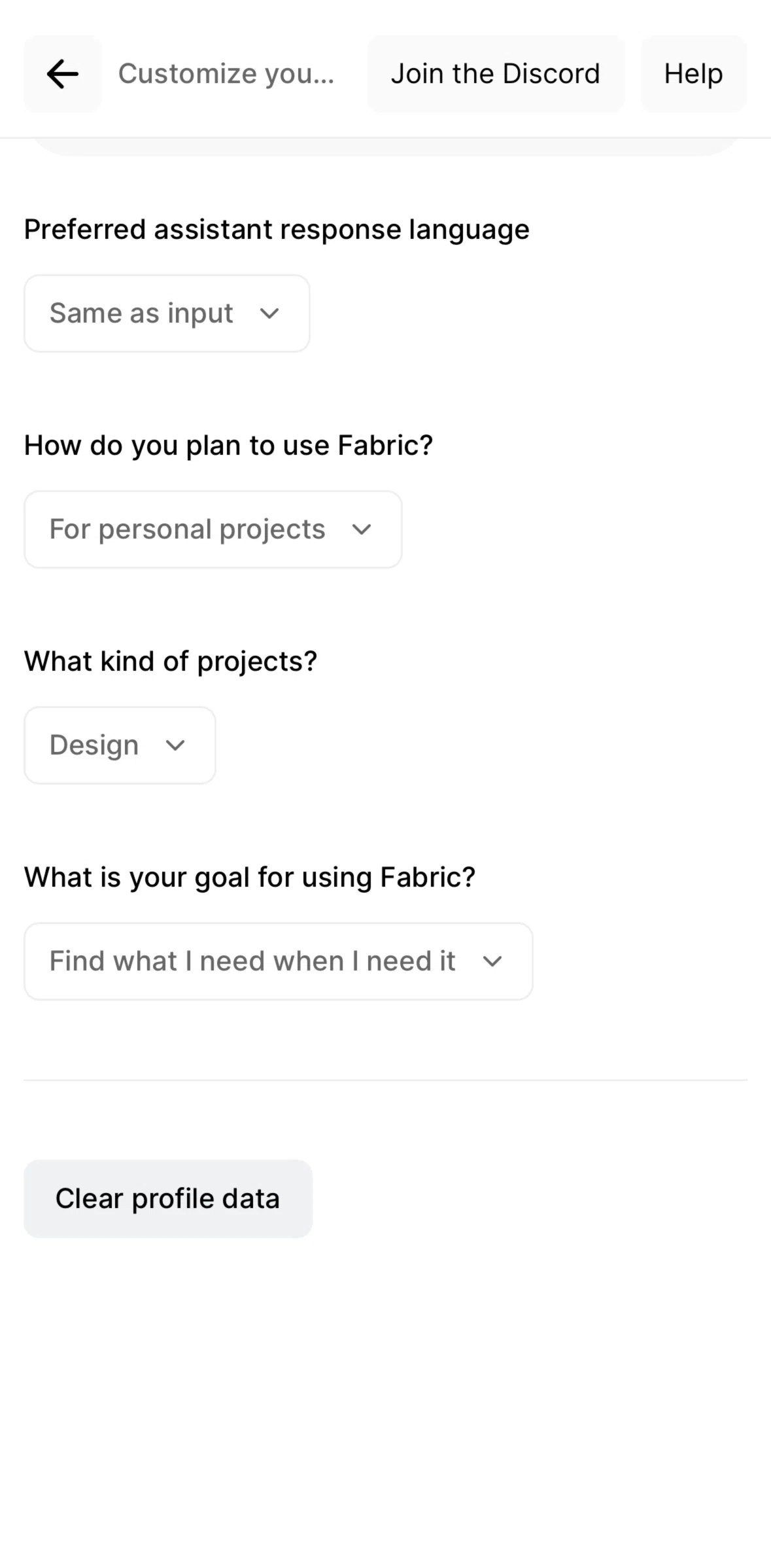 Fabric Screen screen in the Deleting profile data flow