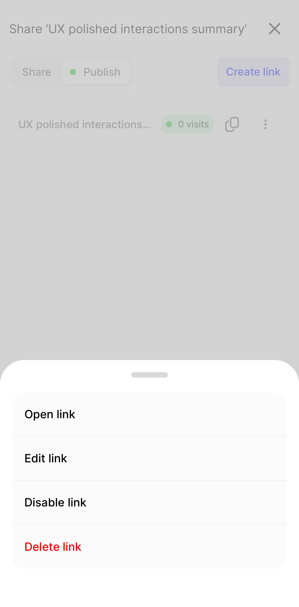 Fabric Screen screen in the Disabling a published link flow