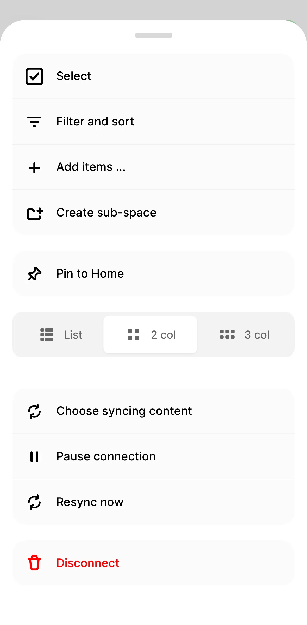 Fabric Screen screen in the Disconnecting a folder flow