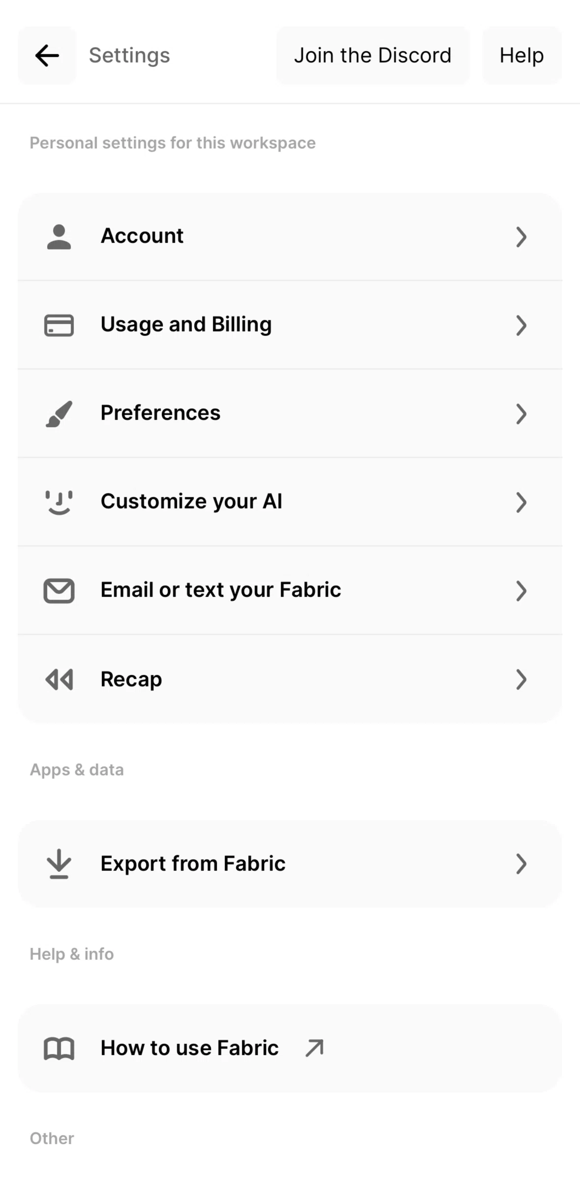 Fabric Screen screen in the Exporting account data flow