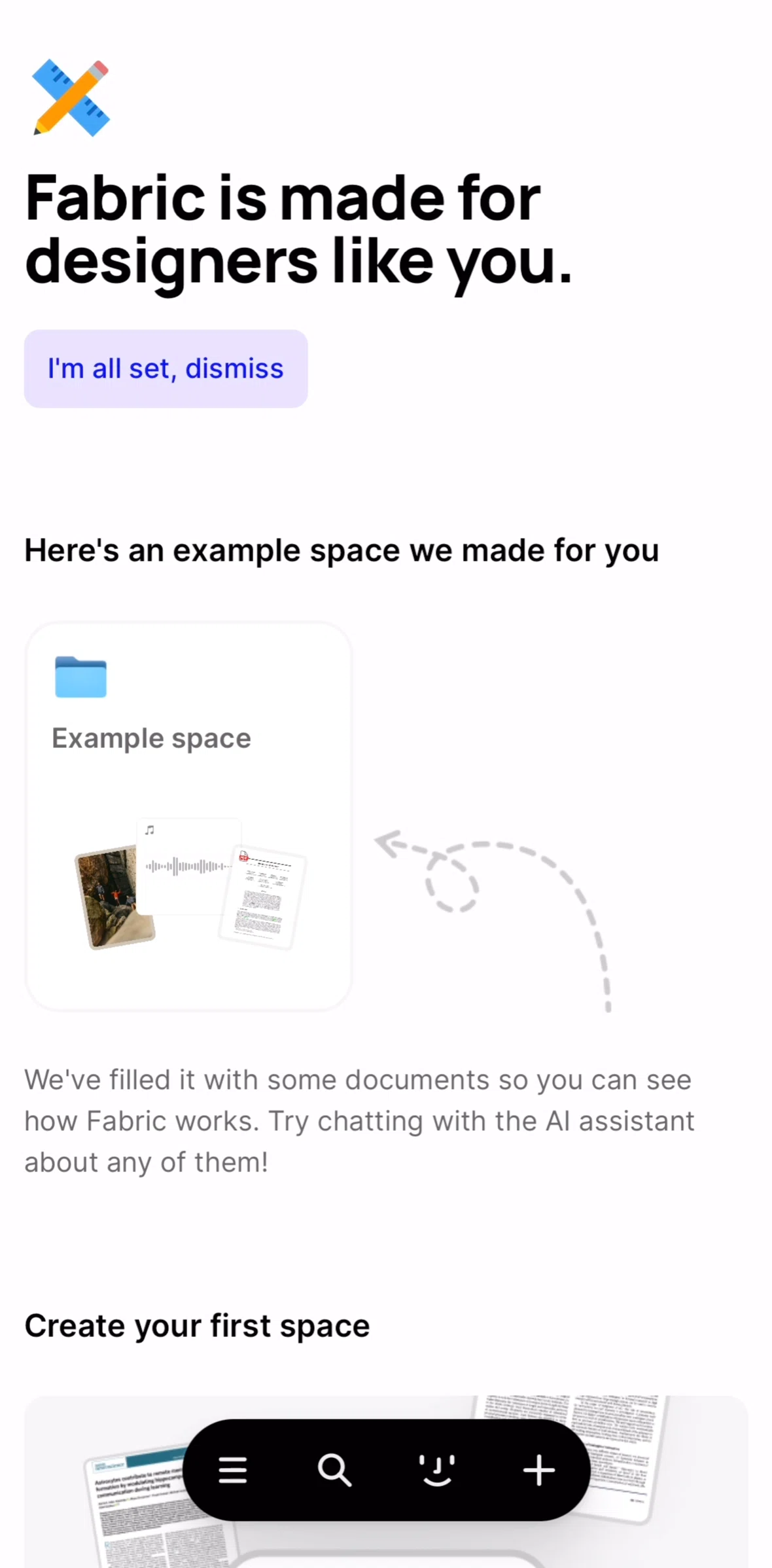 Fabric Screen screen in the Fabric introduction flow