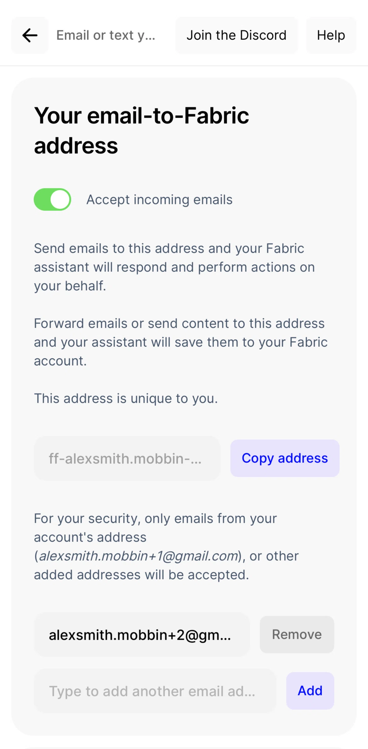 Fabric Screen screen in the Removing an email flow
