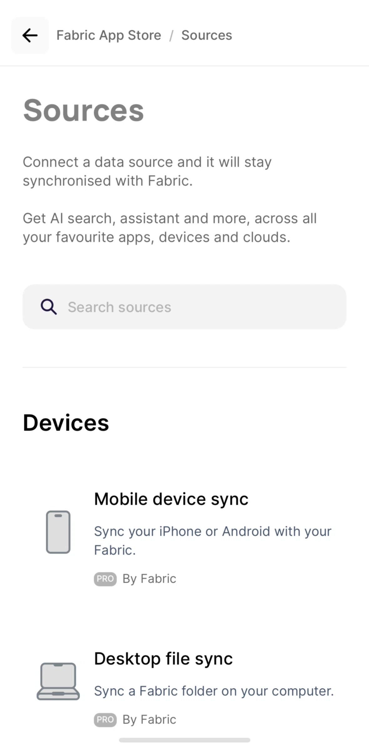 Fabric Screen screen in the Searching sources flow