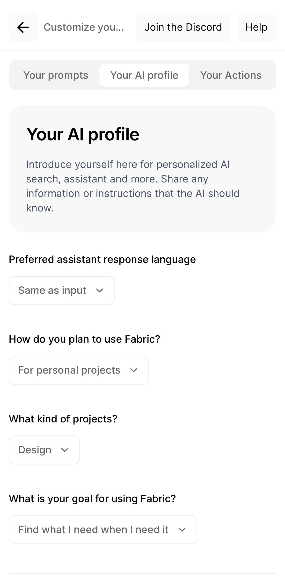 Fabric Screen screen in the Updating AI profile flow