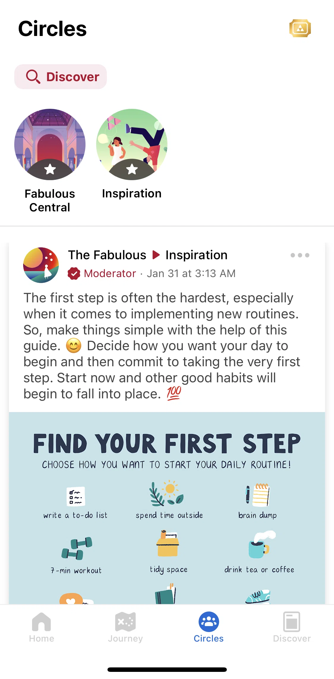 Fabulous Screen screen in the Discover circles flow