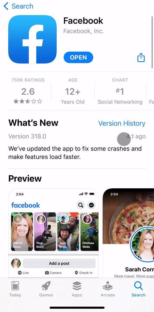 Facebook App store listing screen in the Onboarding flow