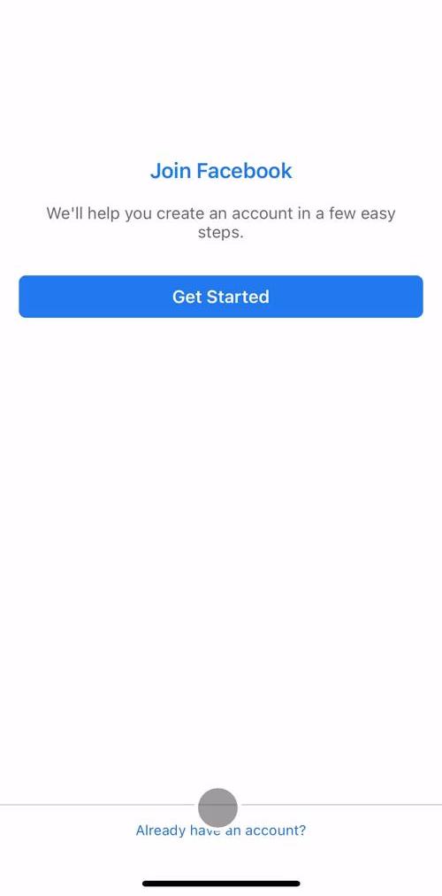 Facebook Create account screen in the Onboarding flow