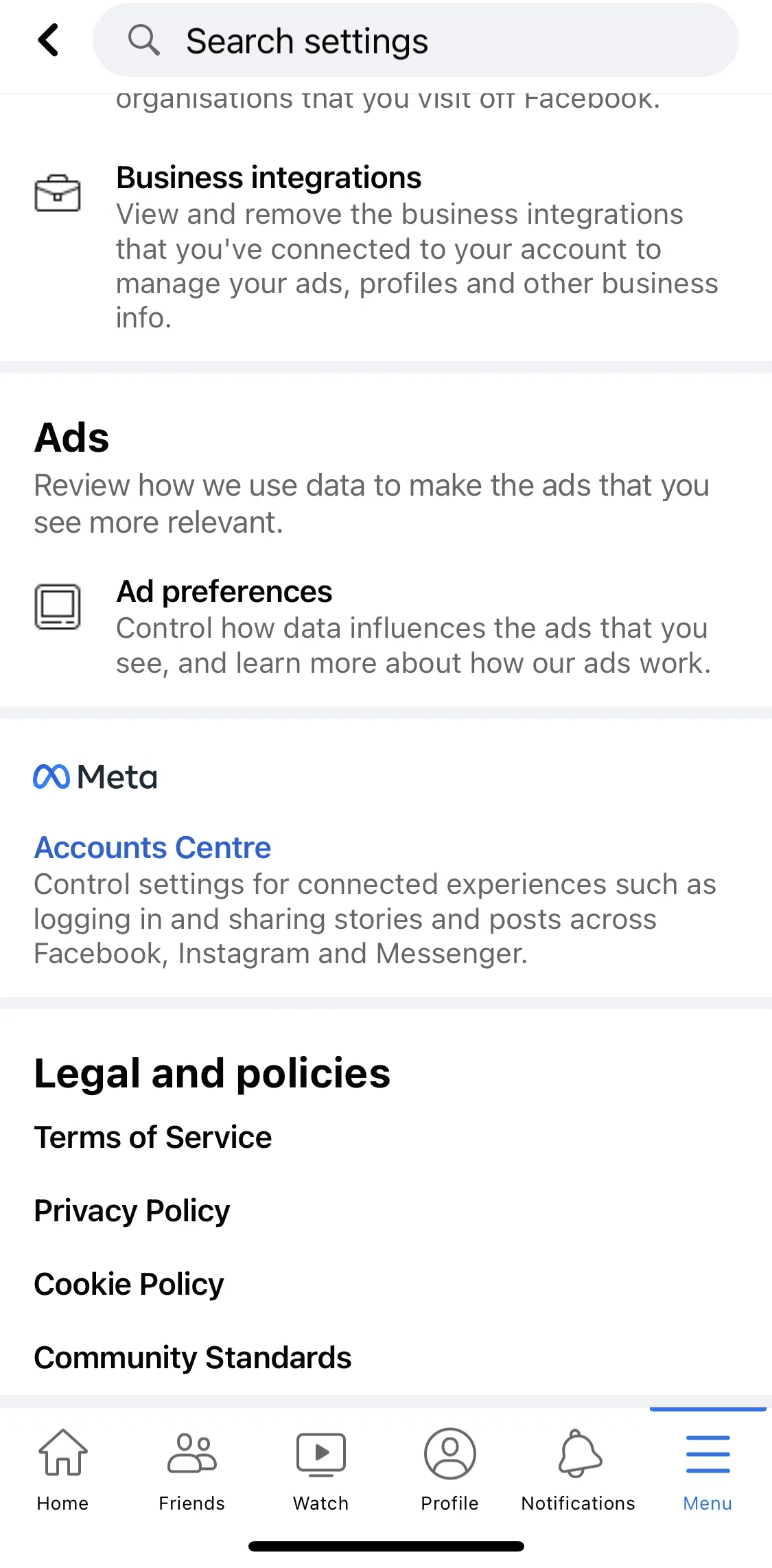 Facebook Screen 1 screen in the Privacy policy flow