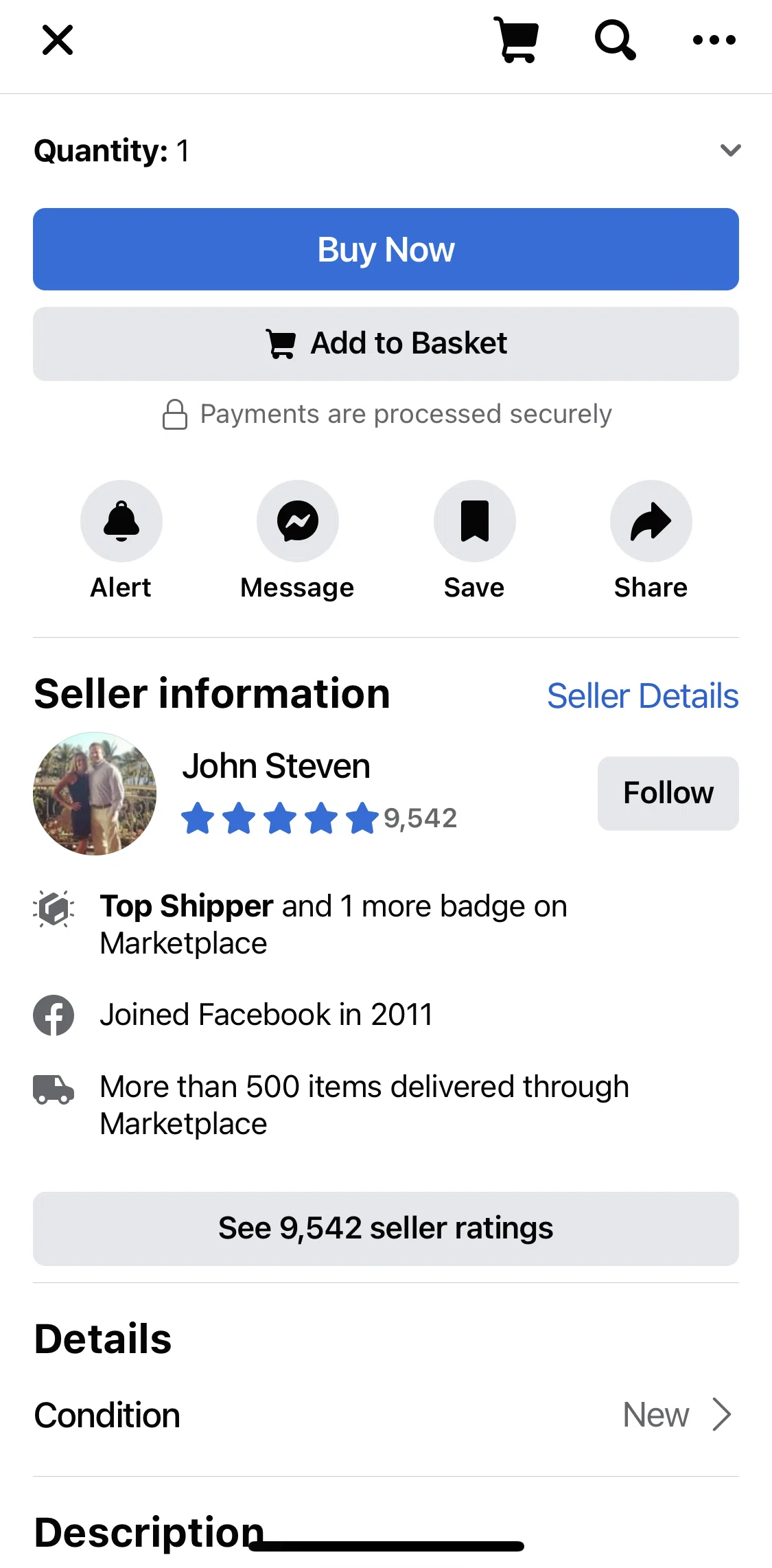 Facebook Screen 1 screen in the Purchasing an item flow