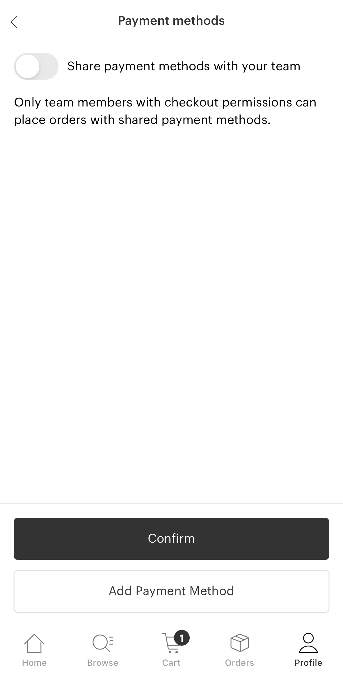 Faire Wholesale Screen screen in the Adding a payment method flow