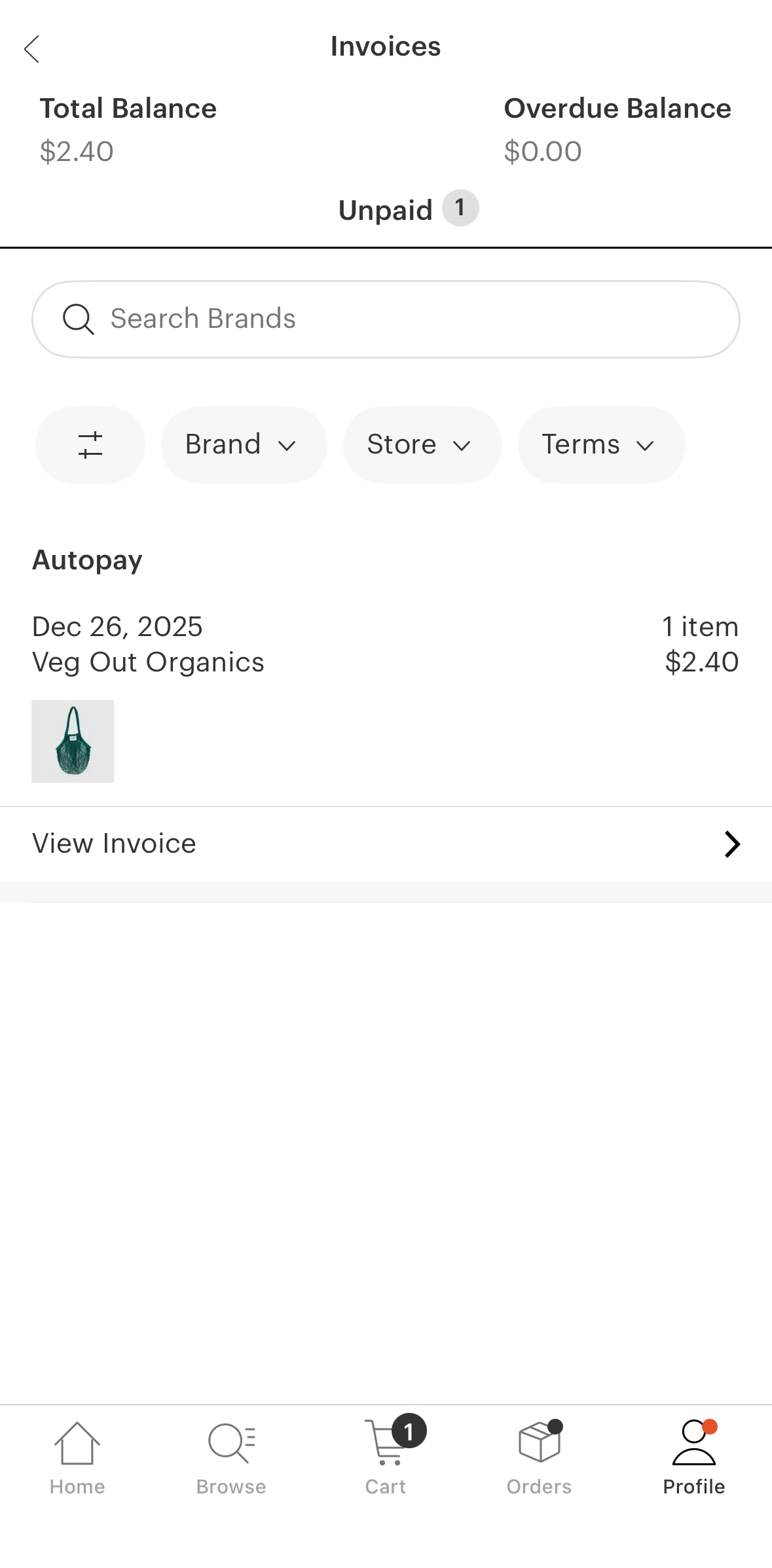 Faire Wholesale Screen screen in the Filtering invoices flow
