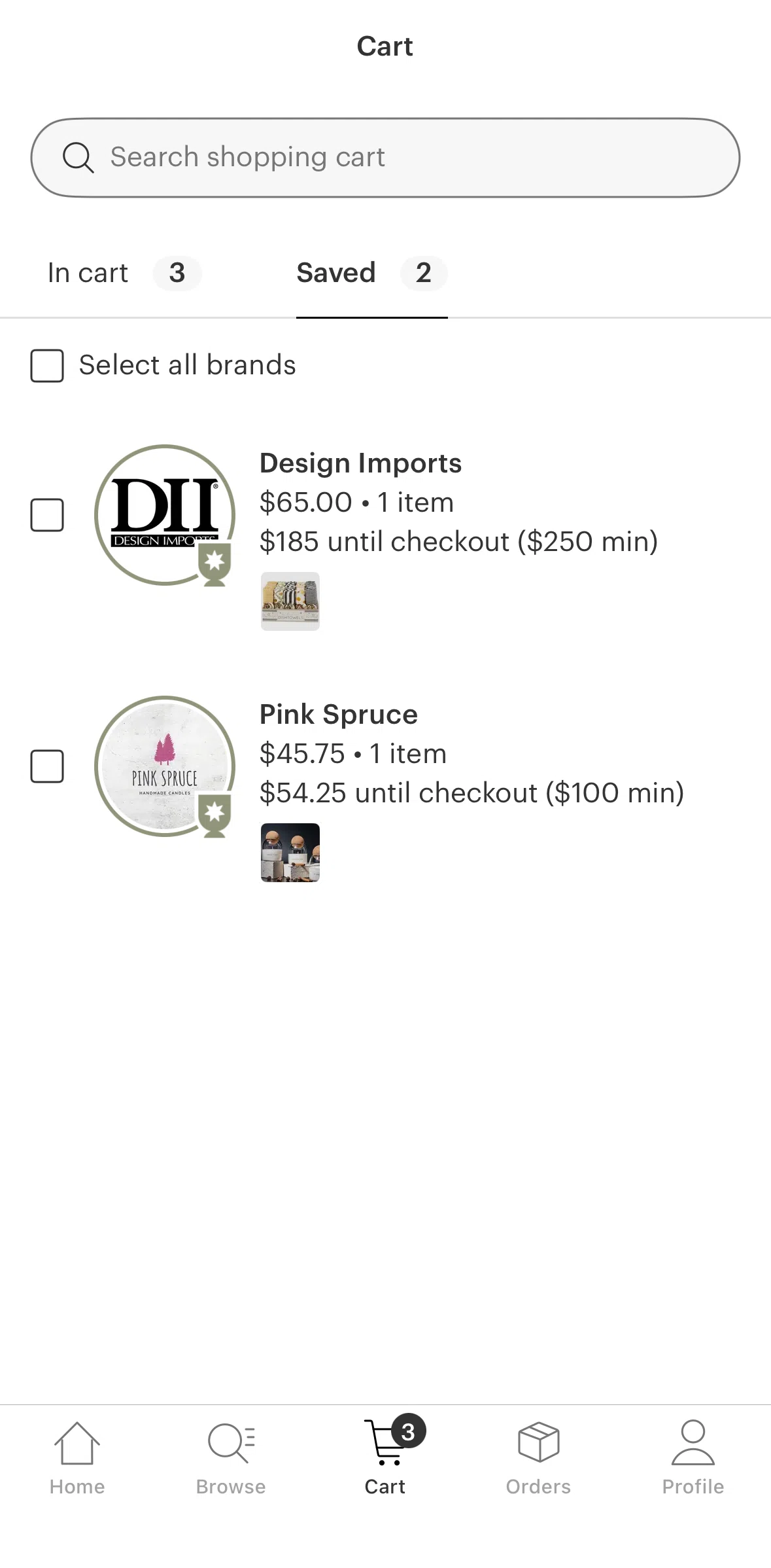 Faire Wholesale Screen screen in the Moving brands to cart flow