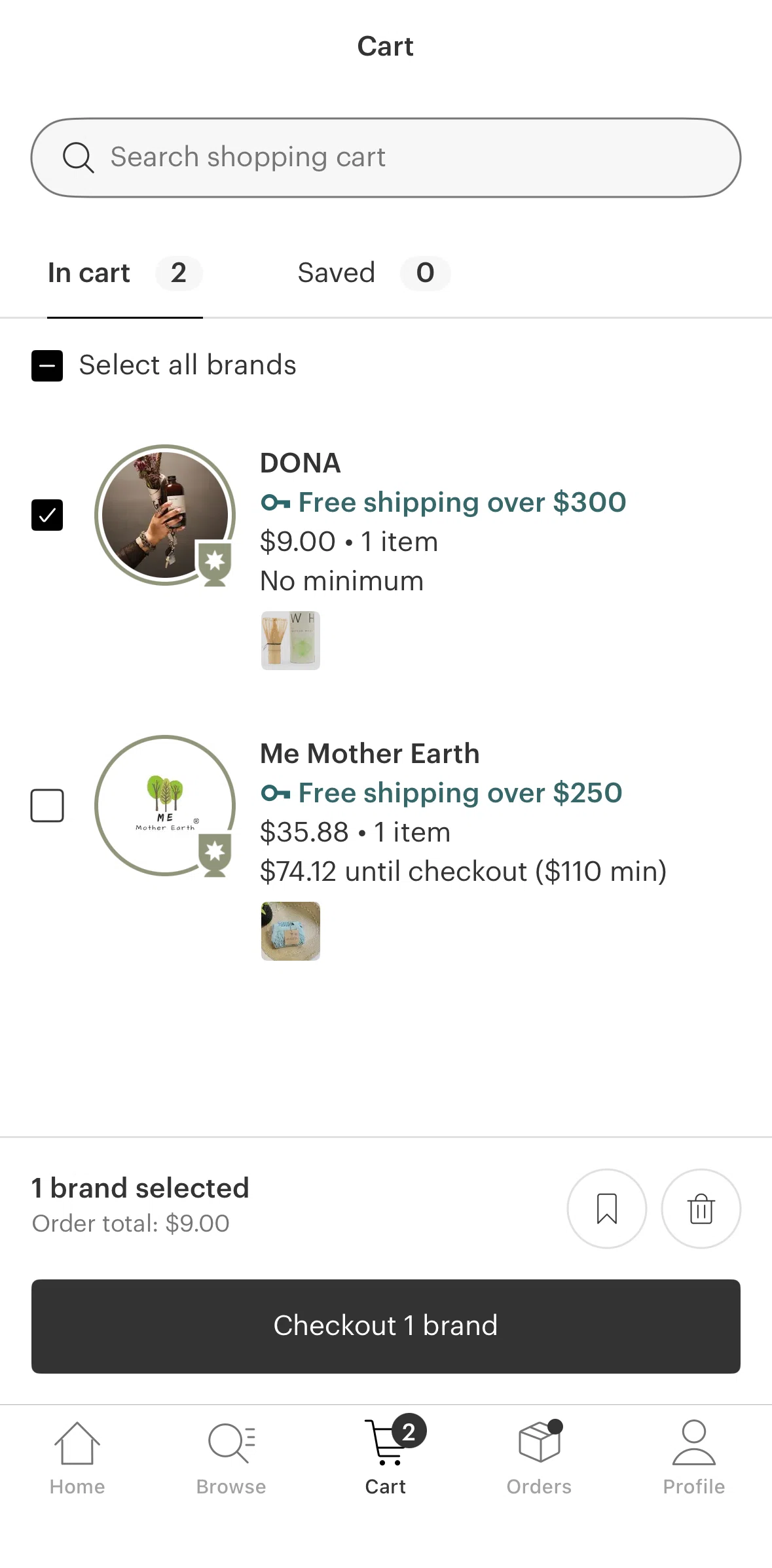Faire Wholesale Screen screen in the Removing a brand from cart flow