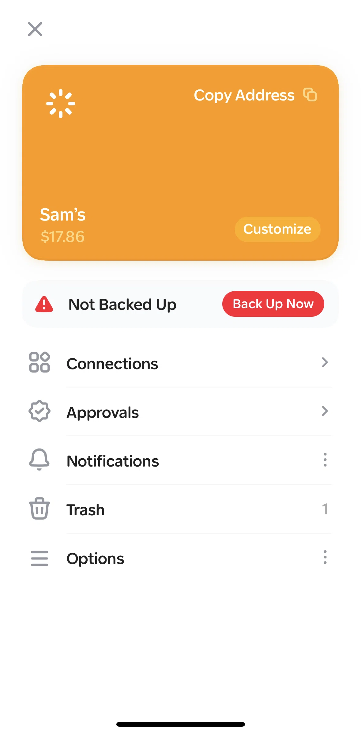 Family Screen screen in the Backing up a wallet flow