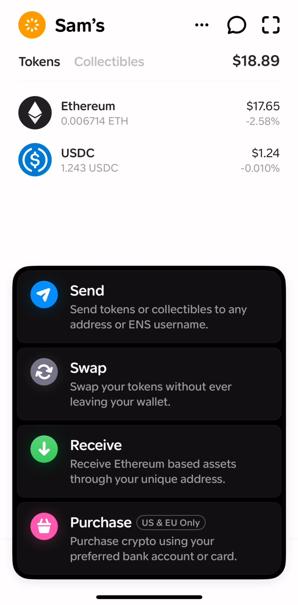 Family Screen screen in the Receive tokens flow