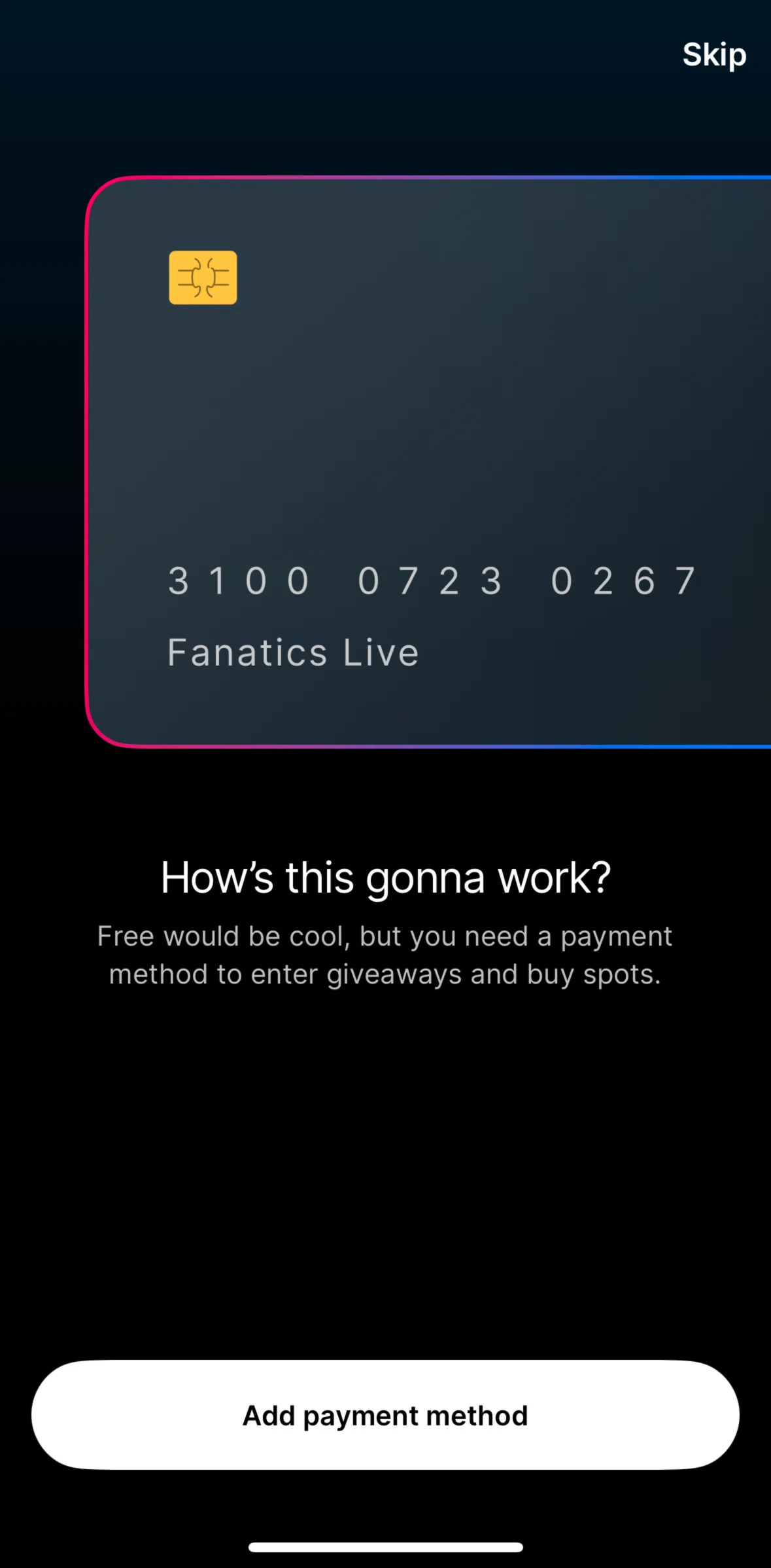 Fanatics Live Screen screen in the Adding a card flow