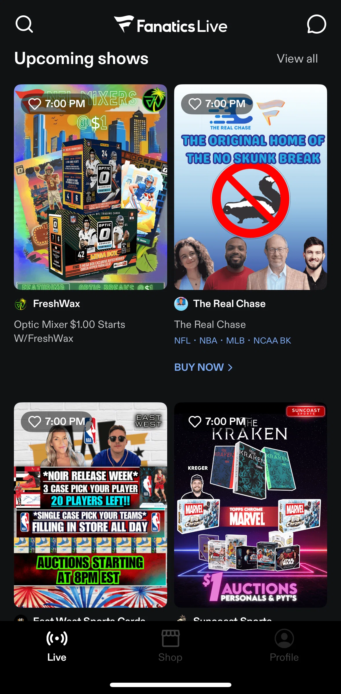 Fanatics Live Screen screen in the Adding a live to watchlist flow