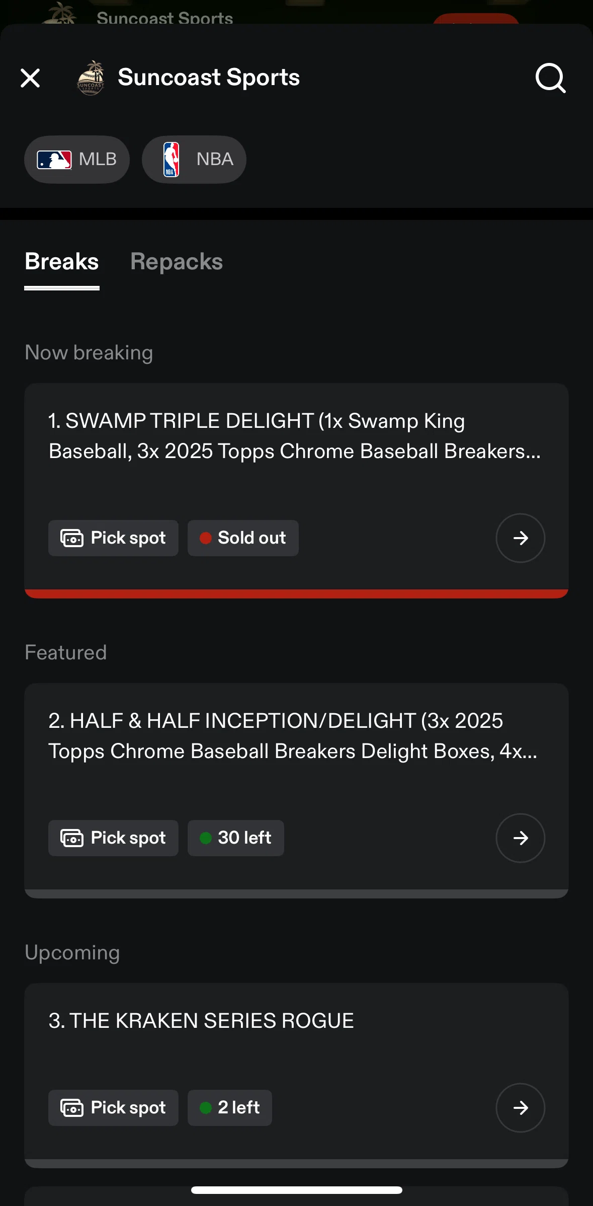 Fanatics Live Screen screen in the Breaks flow