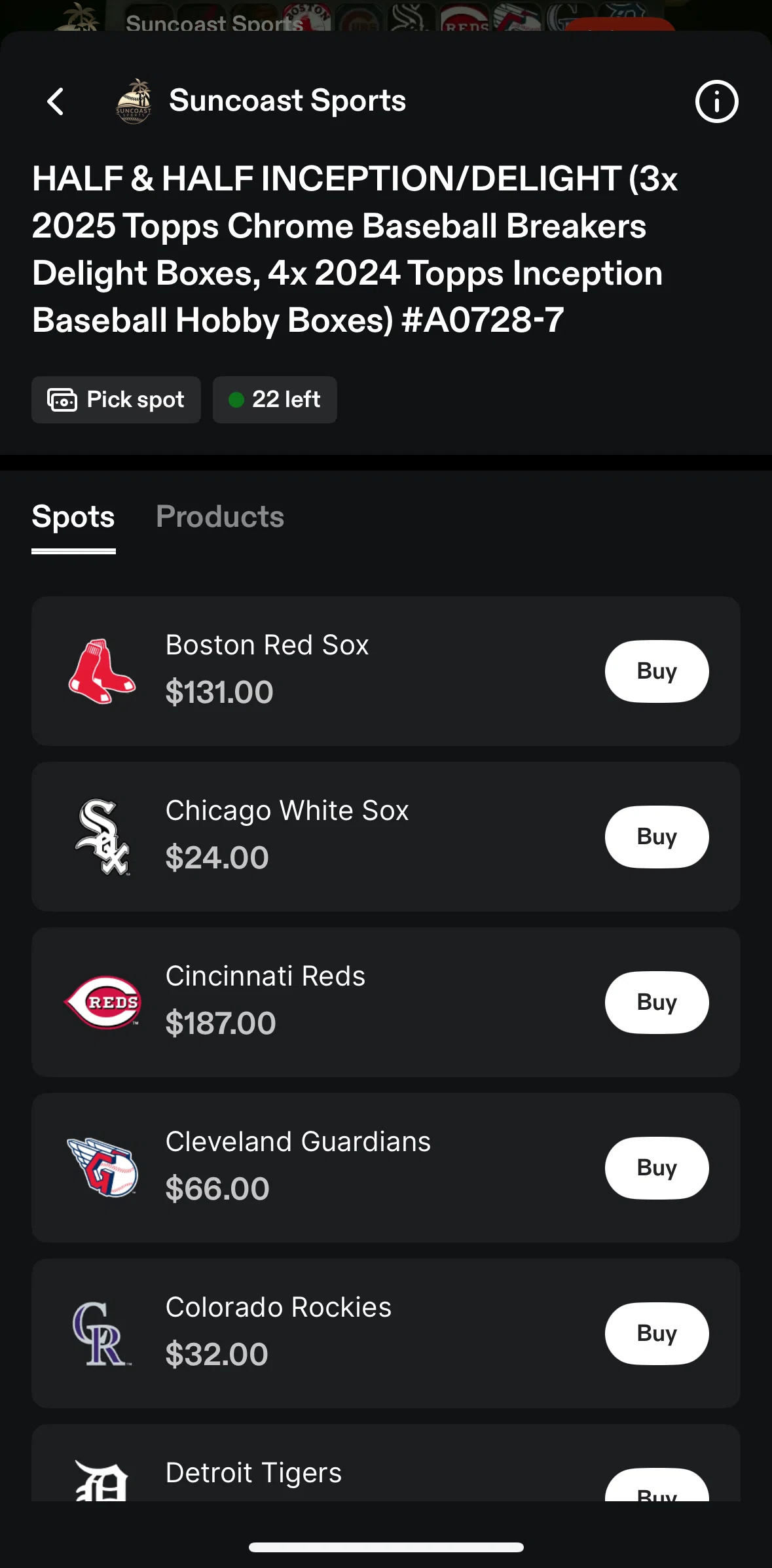Fanatics Live Screen screen in the Buy a spot flow
