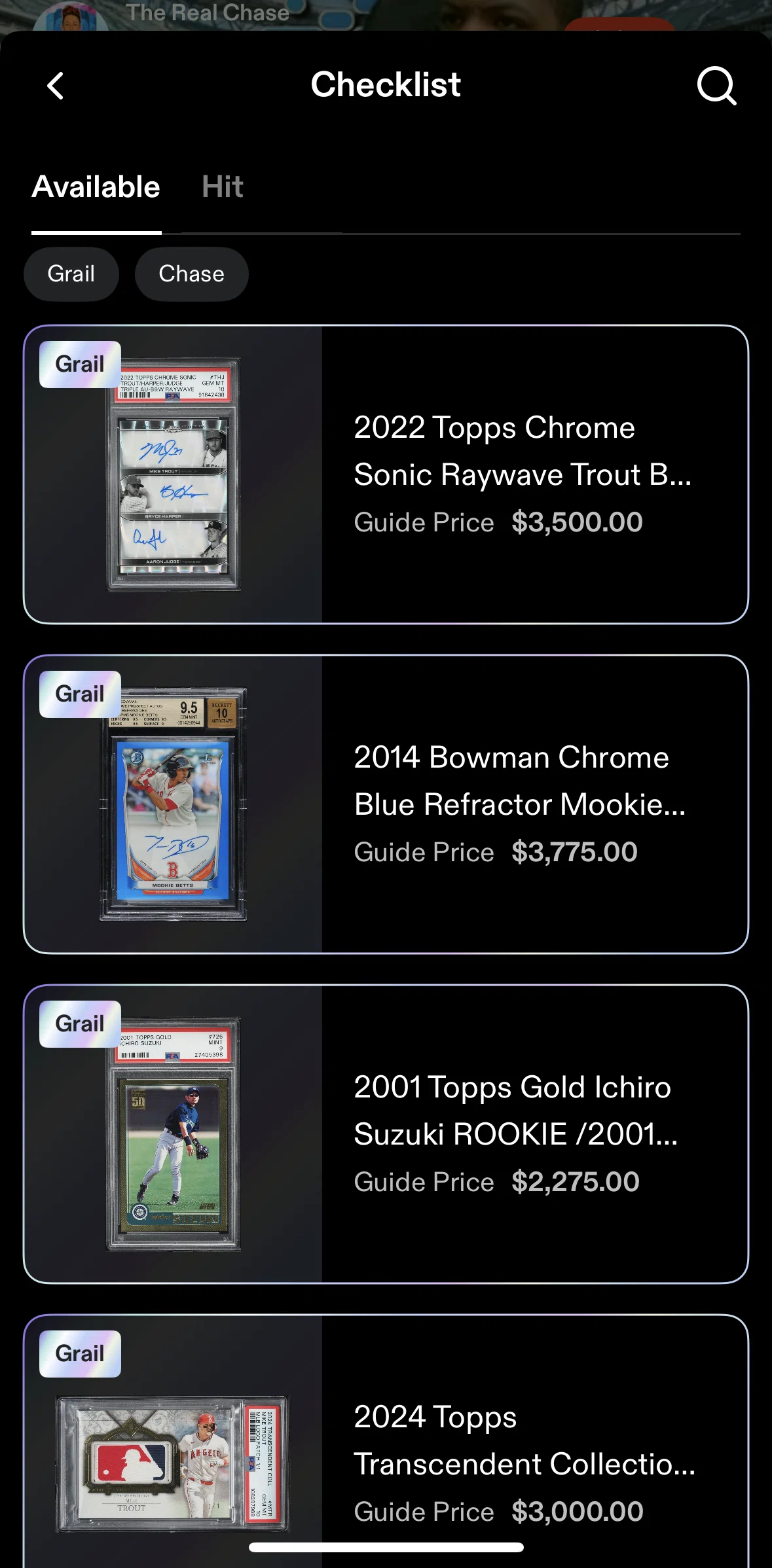 Fanatics Live Screen screen in the Card detail flow