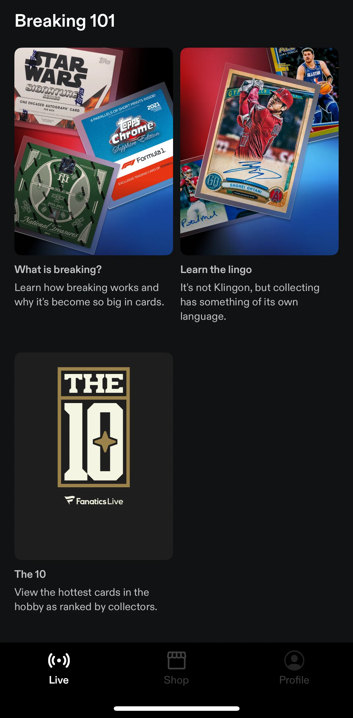 Fanatics Live Screen screen in the Card flow