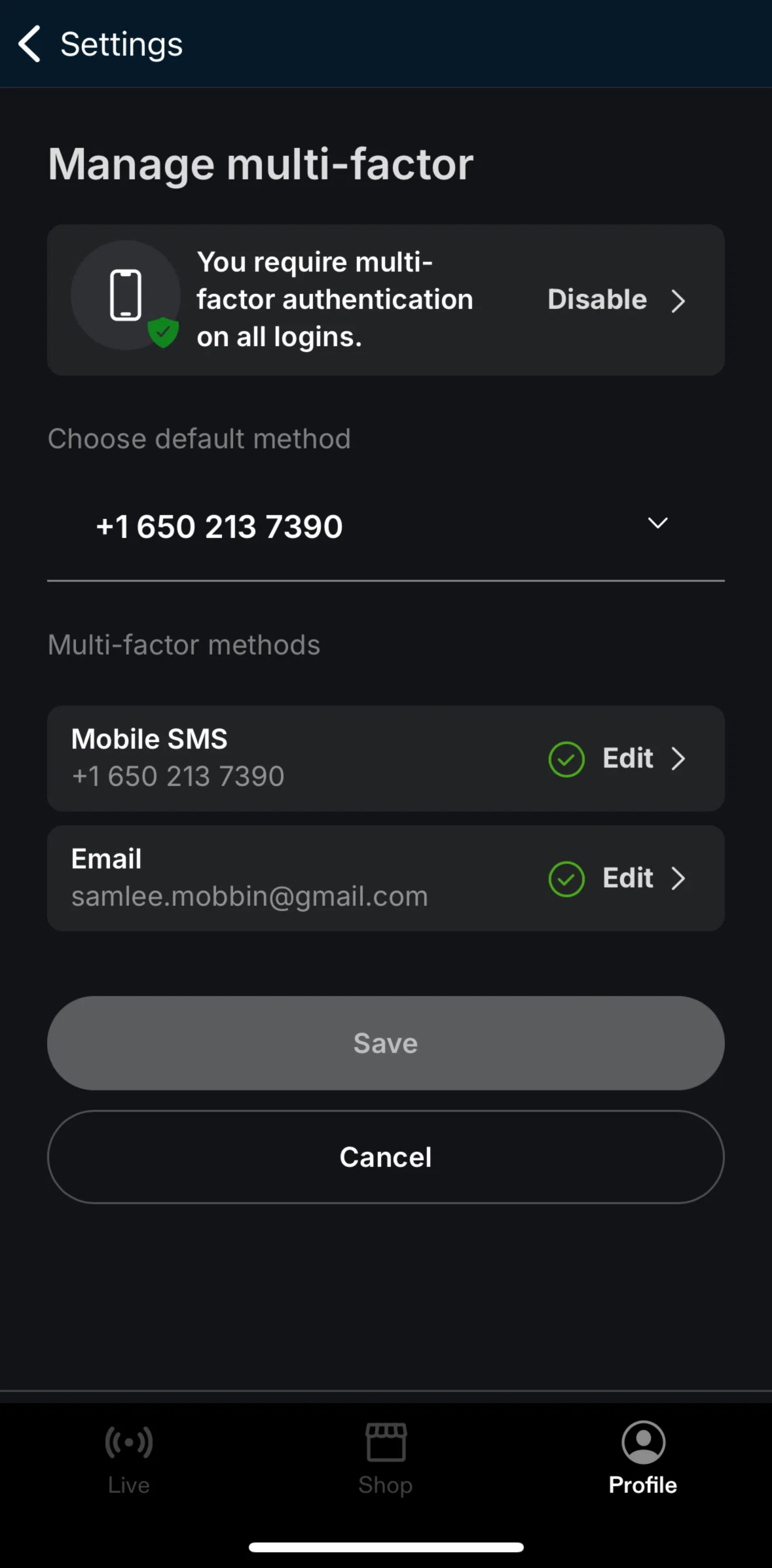 Fanatics Live Screen screen in the Changing multi-factor method flow