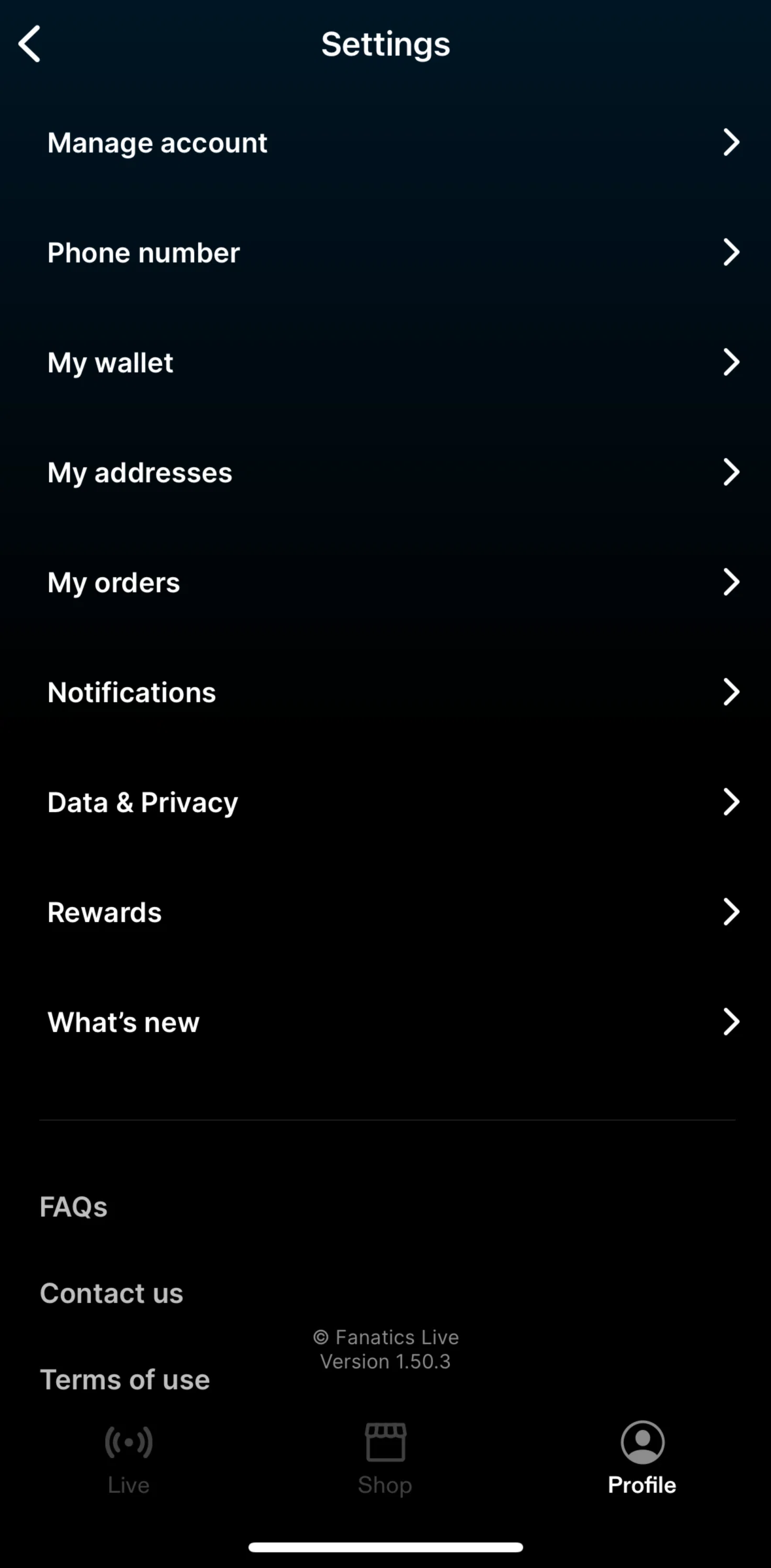 Fanatics Live Screen screen in the Changing notification settings flow