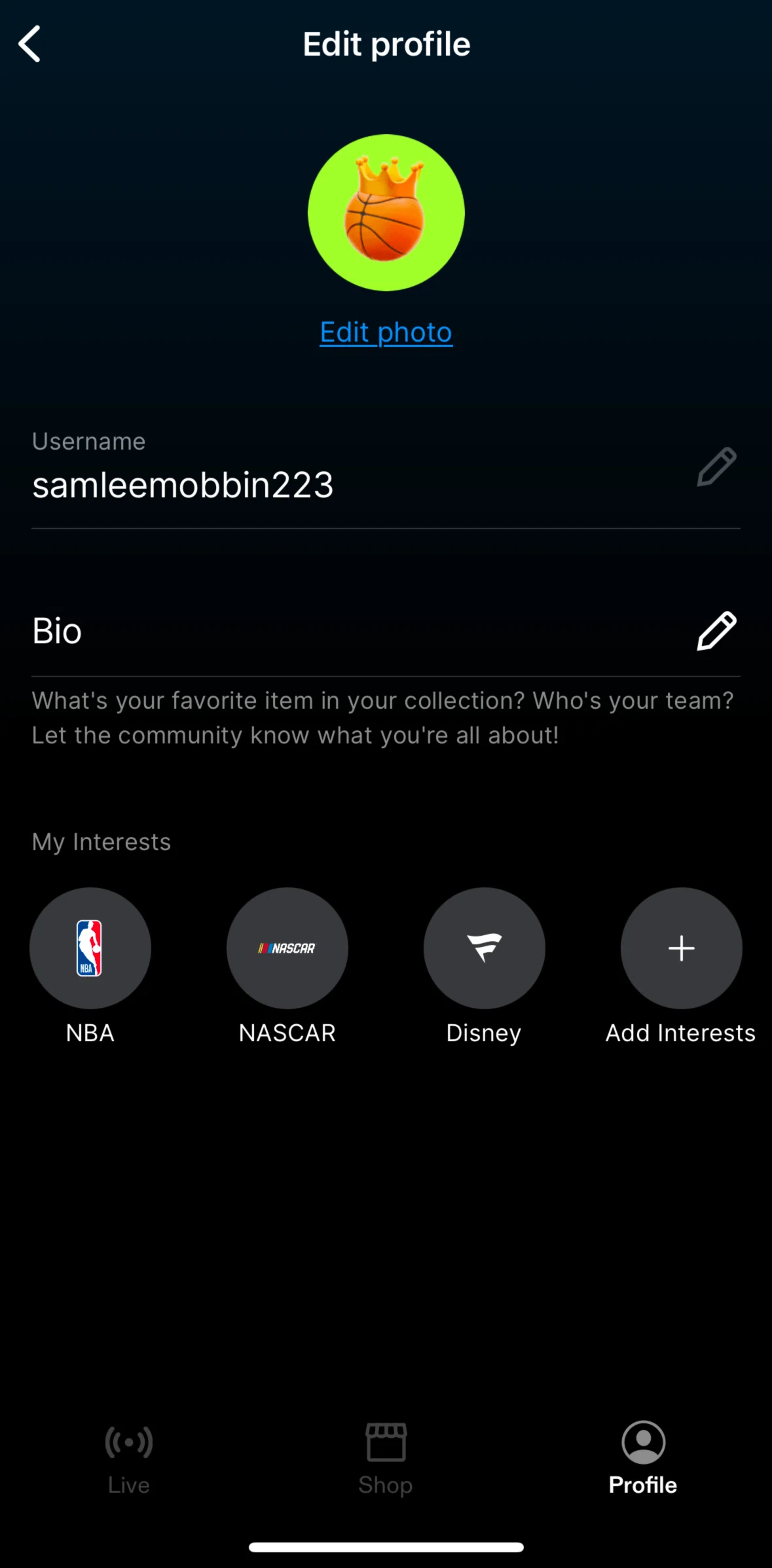 Fanatics Live Screen screen in the Editing a bio flow