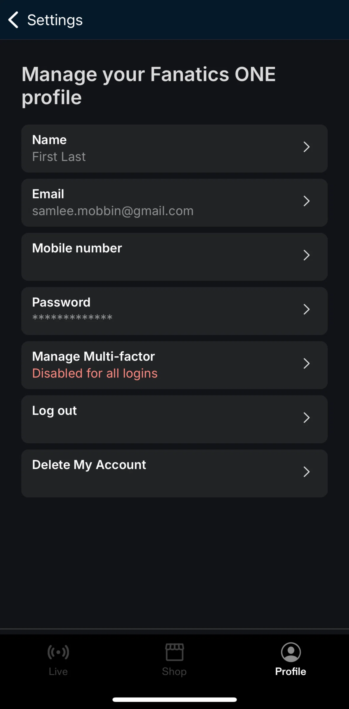 Fanatics Live Screen screen in the Enabling SMS multi-factor flow