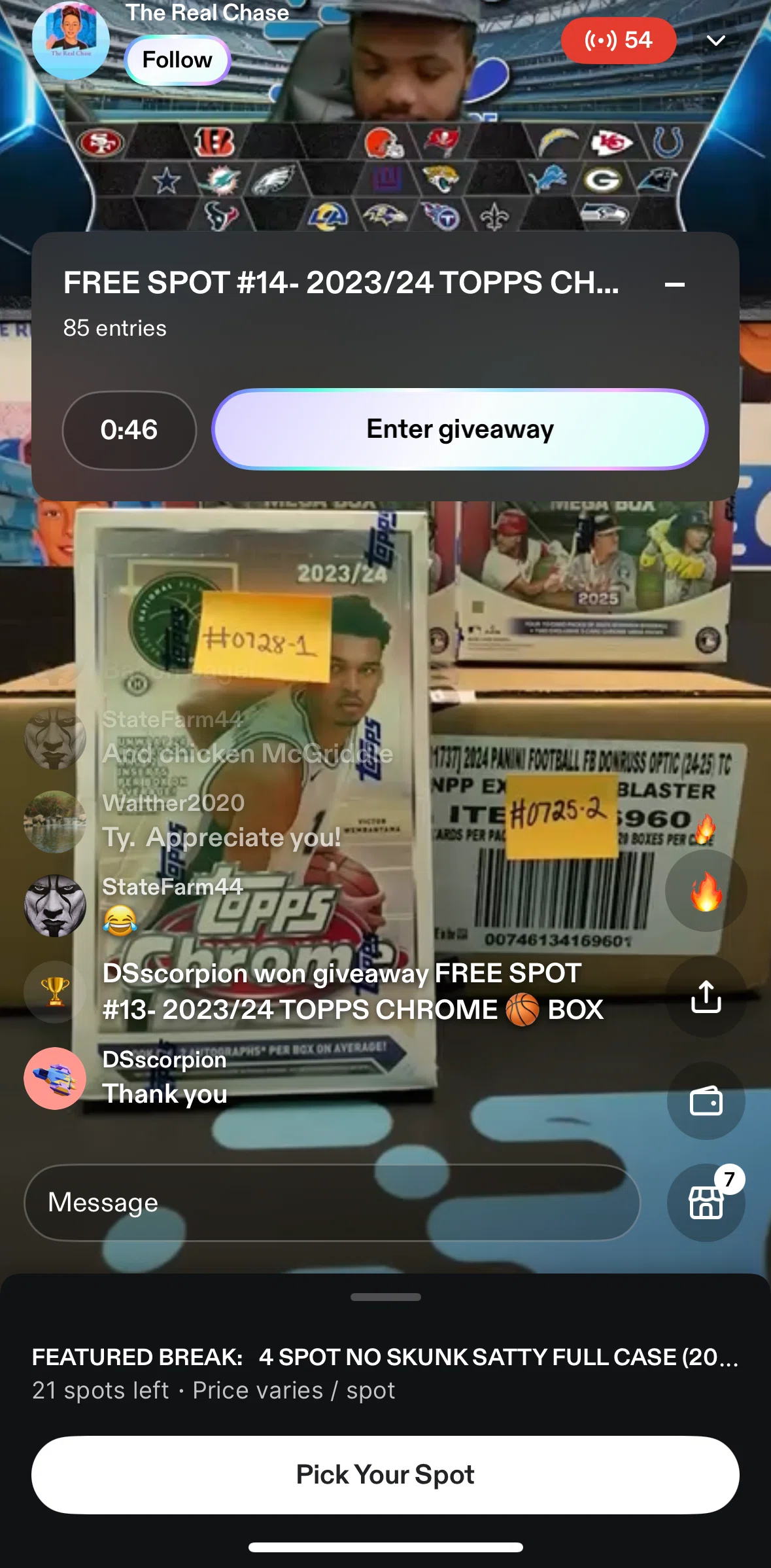 Fanatics Live Screen screen in the Entering a giveaway flow