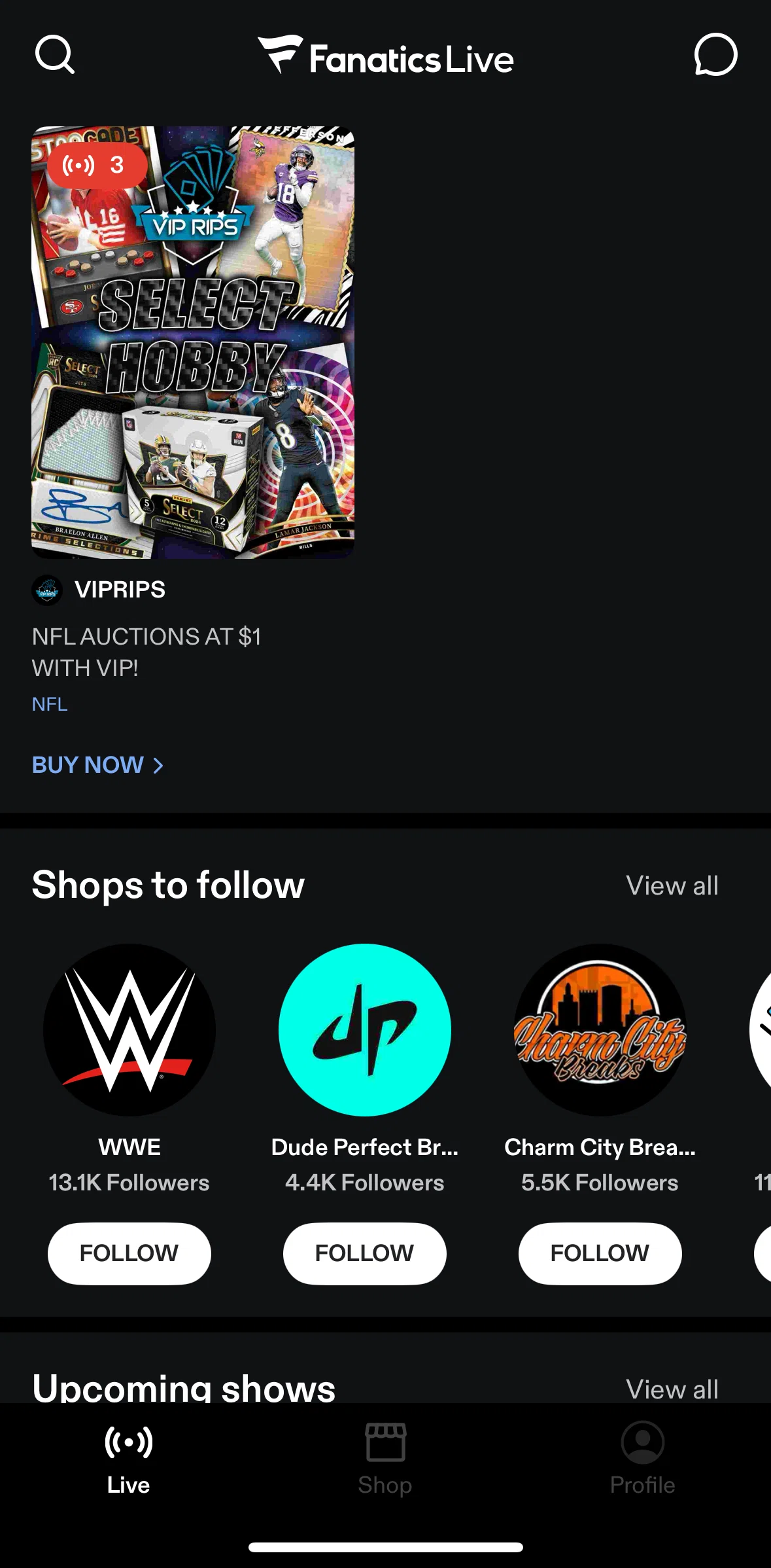 Fanatics Live Screen screen in the Following a shop flow