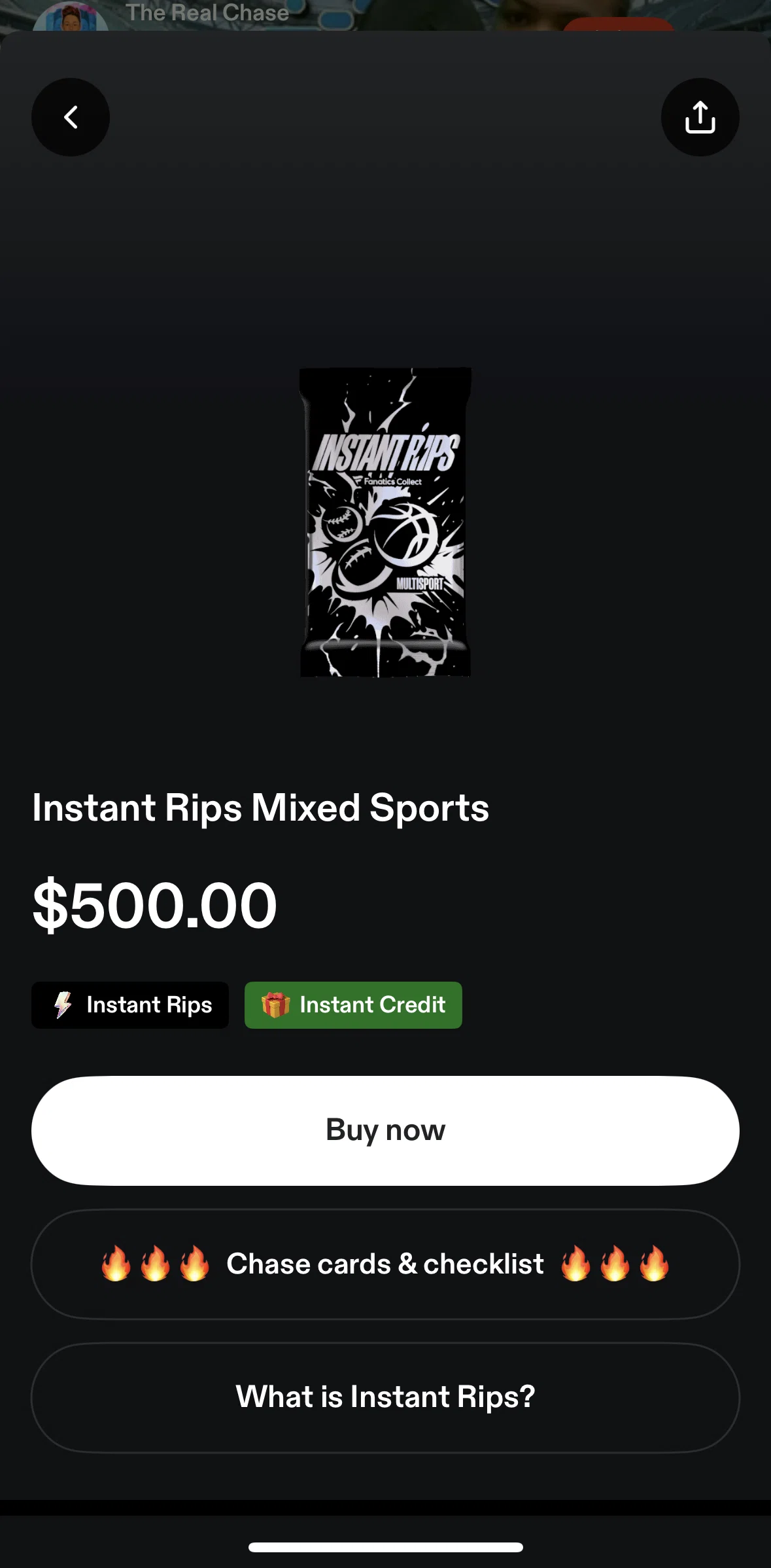 Fanatics Live Screen screen in the Instant Rips information flow