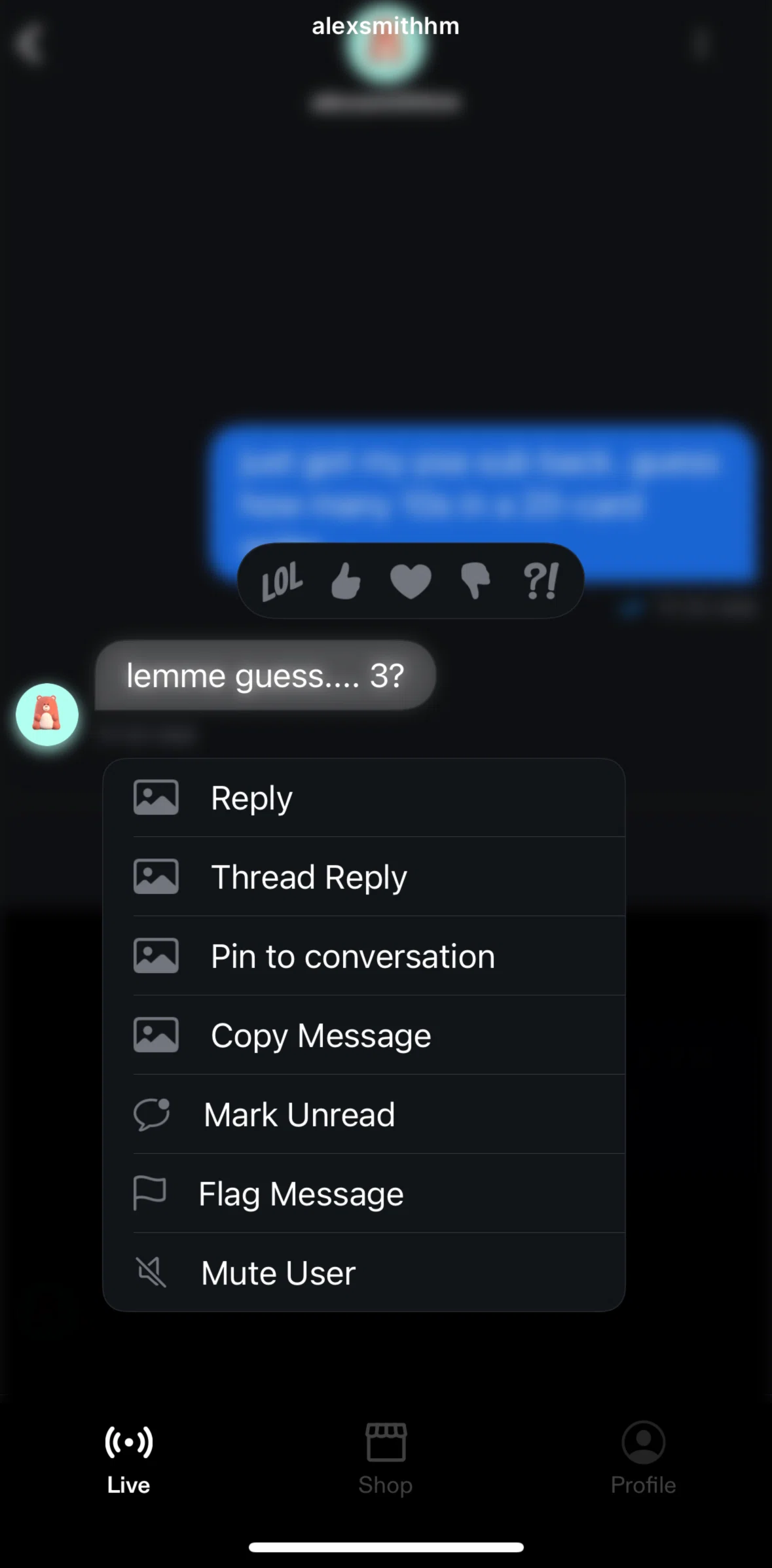 Fanatics Live Screen screen in the Pinning a message flow