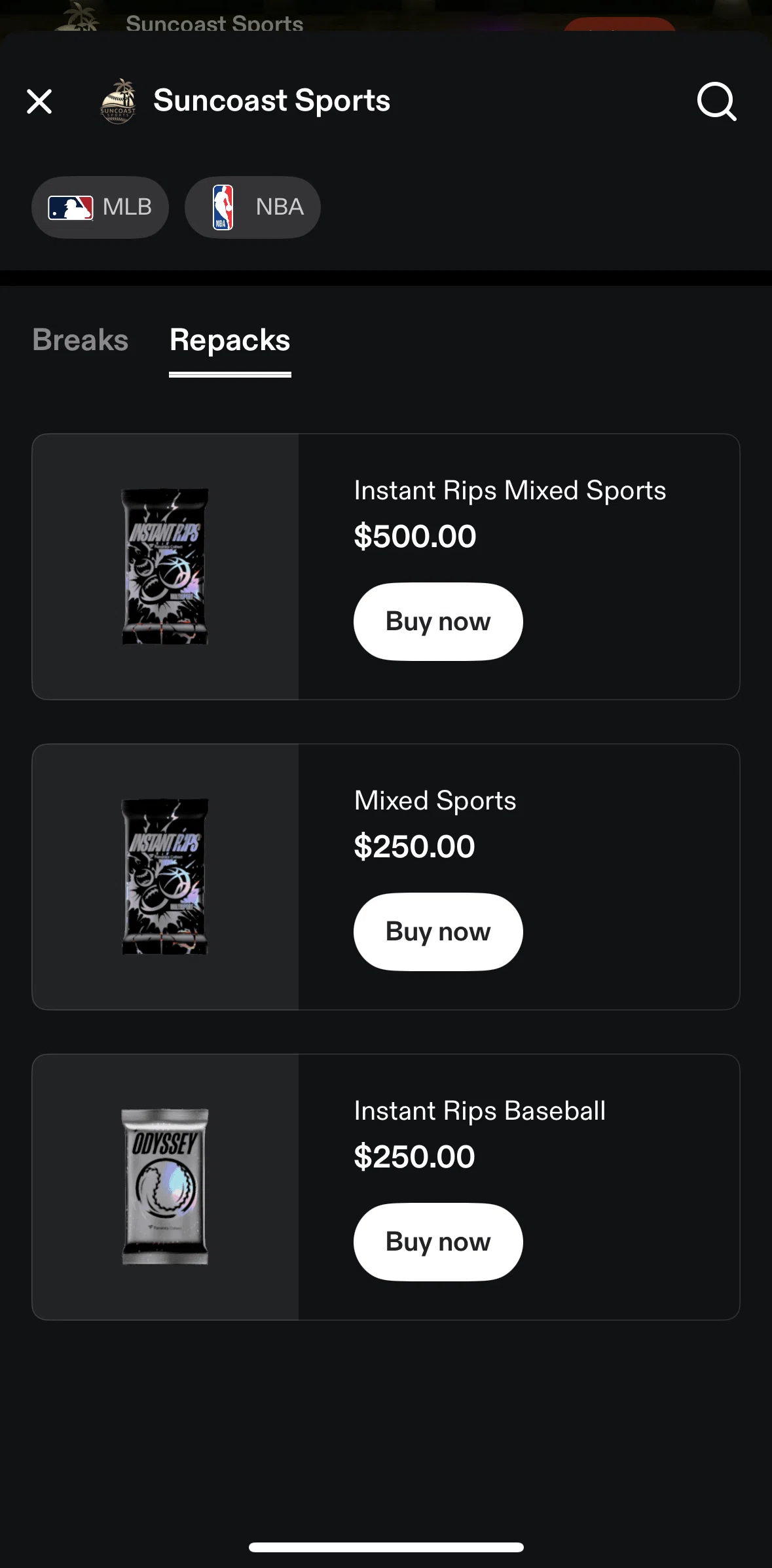 Fanatics Live Screen screen in the Repacks flow