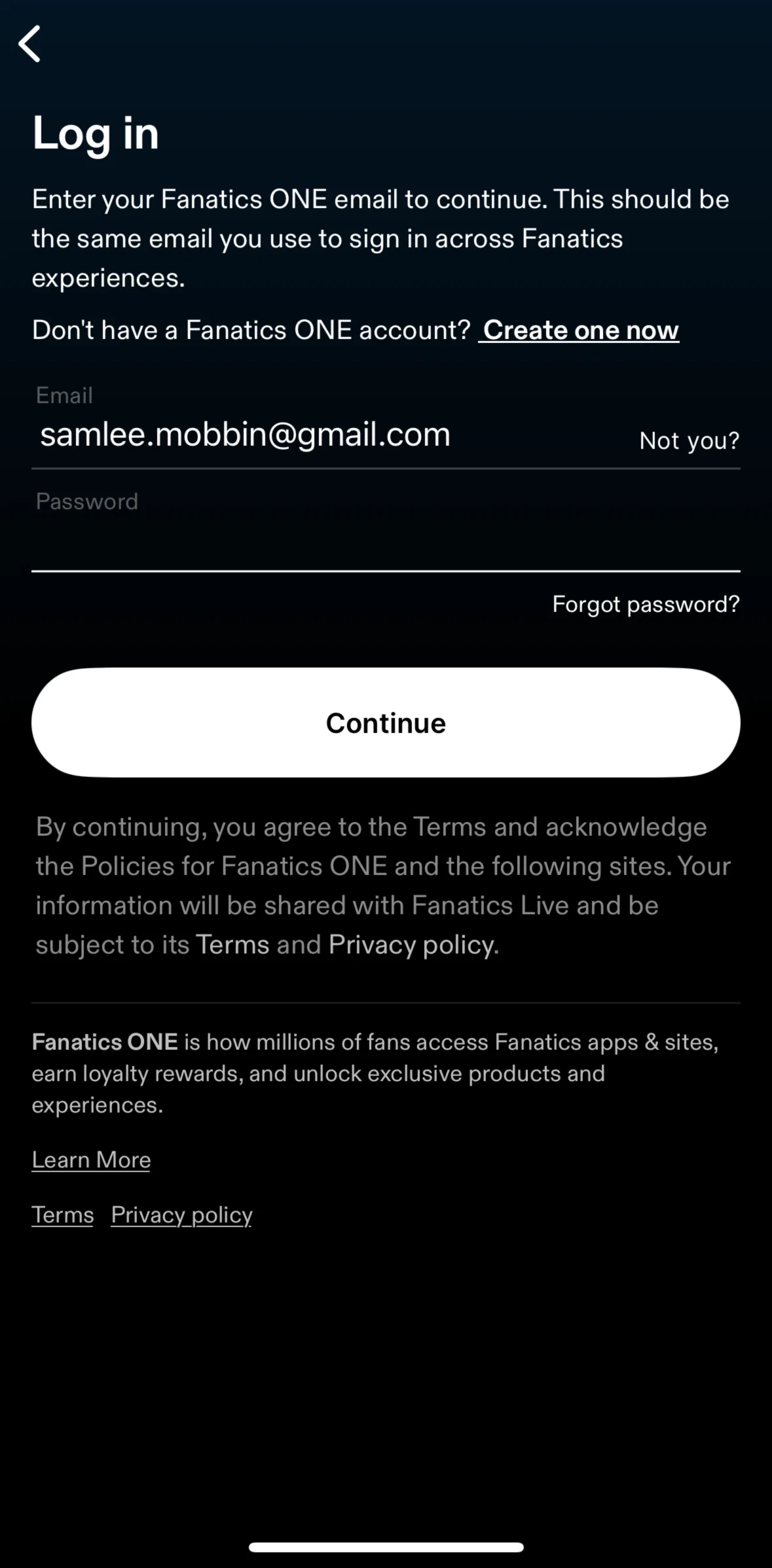 Fanatics Live Screen screen in the Resetting password flow