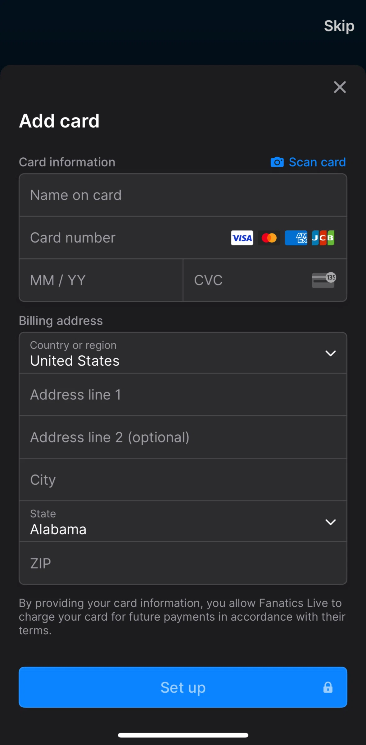 Fanatics Live Screen screen in the Scan a card flow