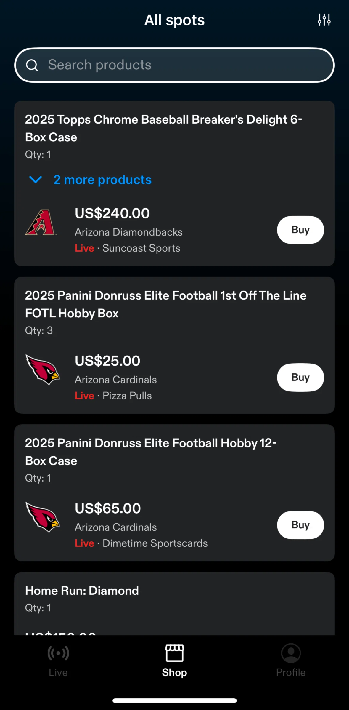 Fanatics Live Screen screen in the Searching a product (shop) flow
