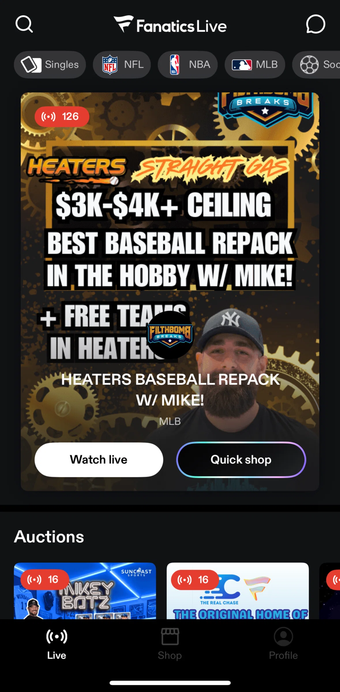 Fanatics Live Screen screen in the Selecting favorite teams flow
