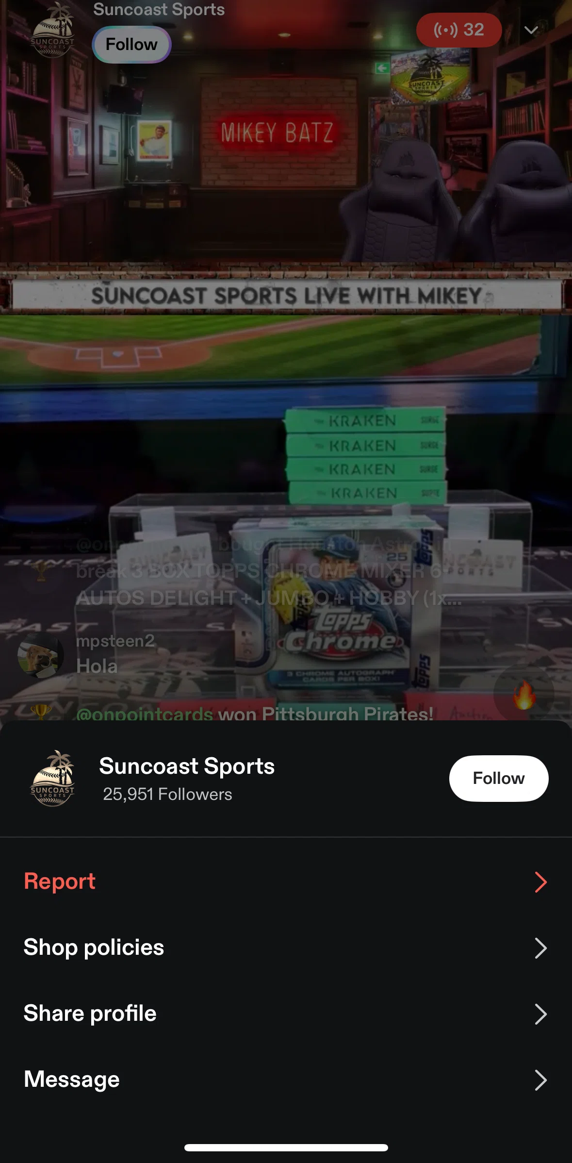 Fanatics Live Screen screen in the Seller profile flow
