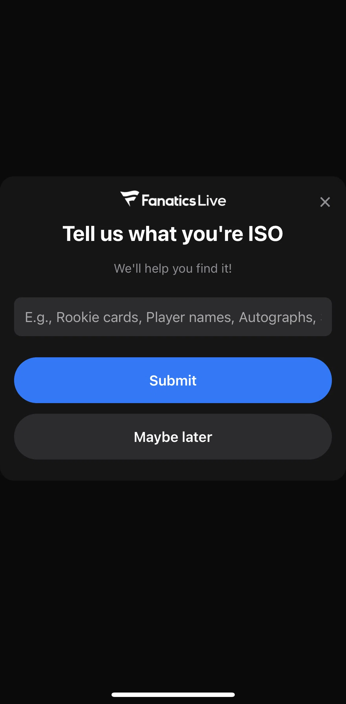 Fanatics Live Screen screen in the Submitting an ISO flow