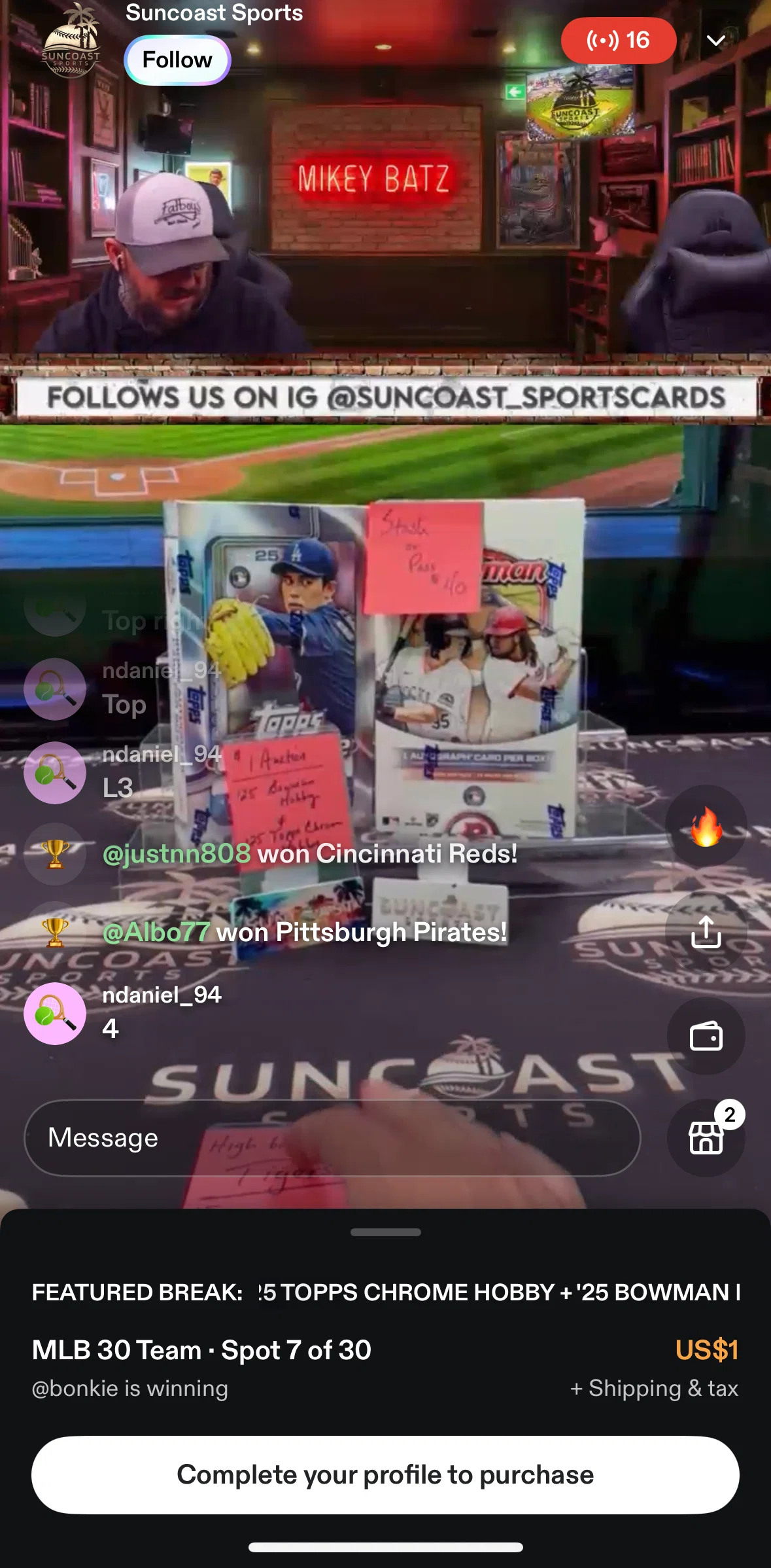 Fanatics Live Screen screen in the Switching to picture-in-picture view flow