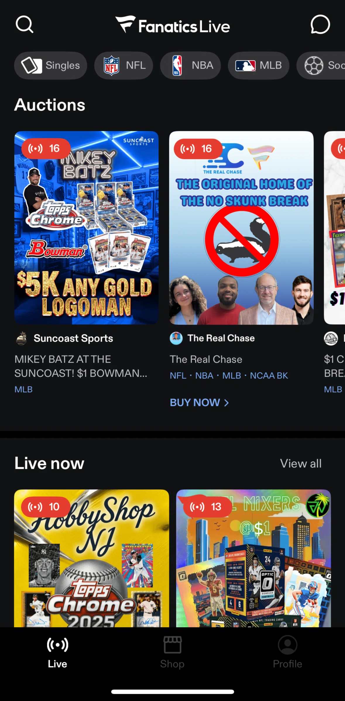 Fanatics Live Screen screen in the Watching a live flow