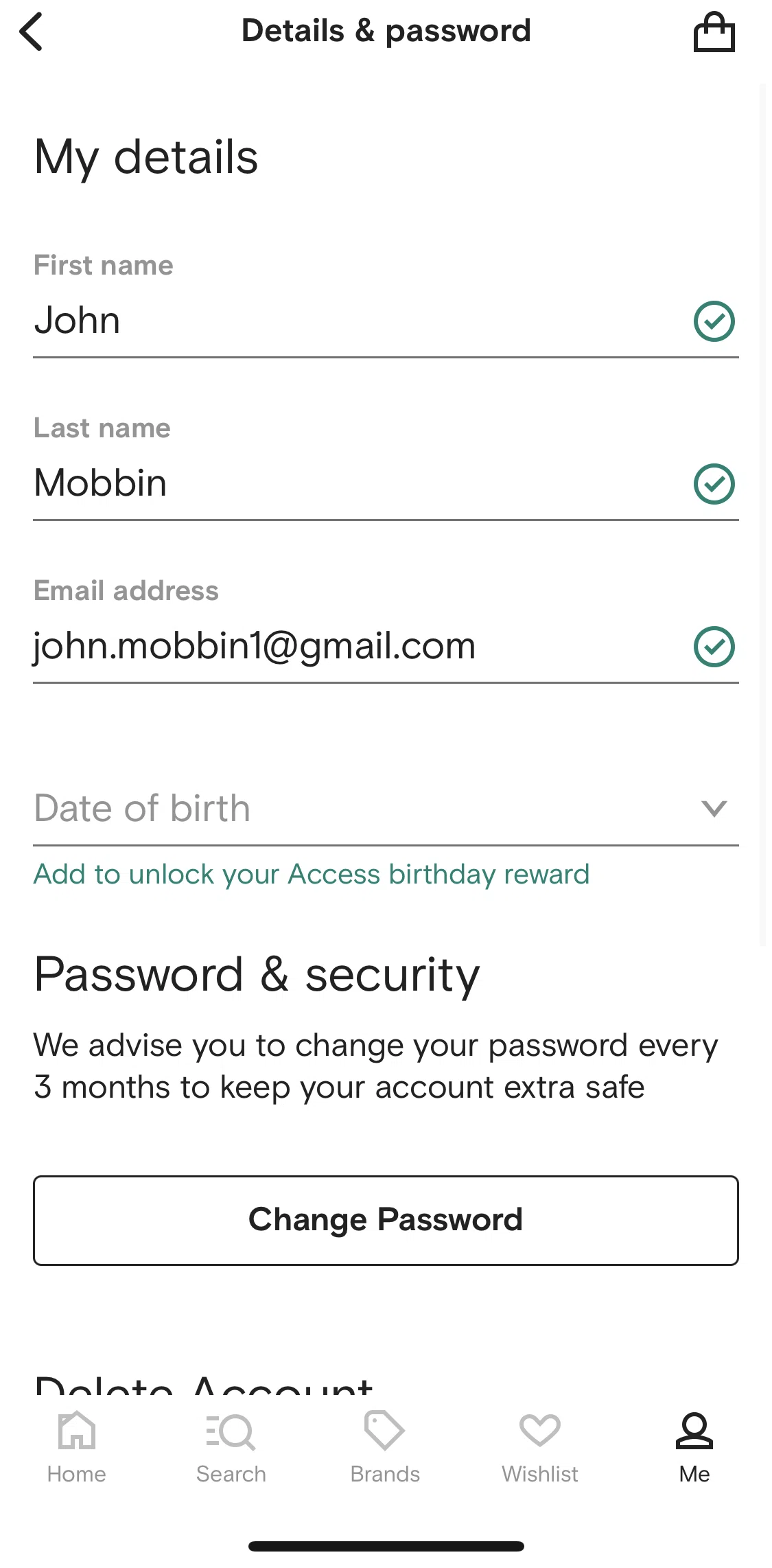 FARFETCH Screen screen in the Adding date of birth flow