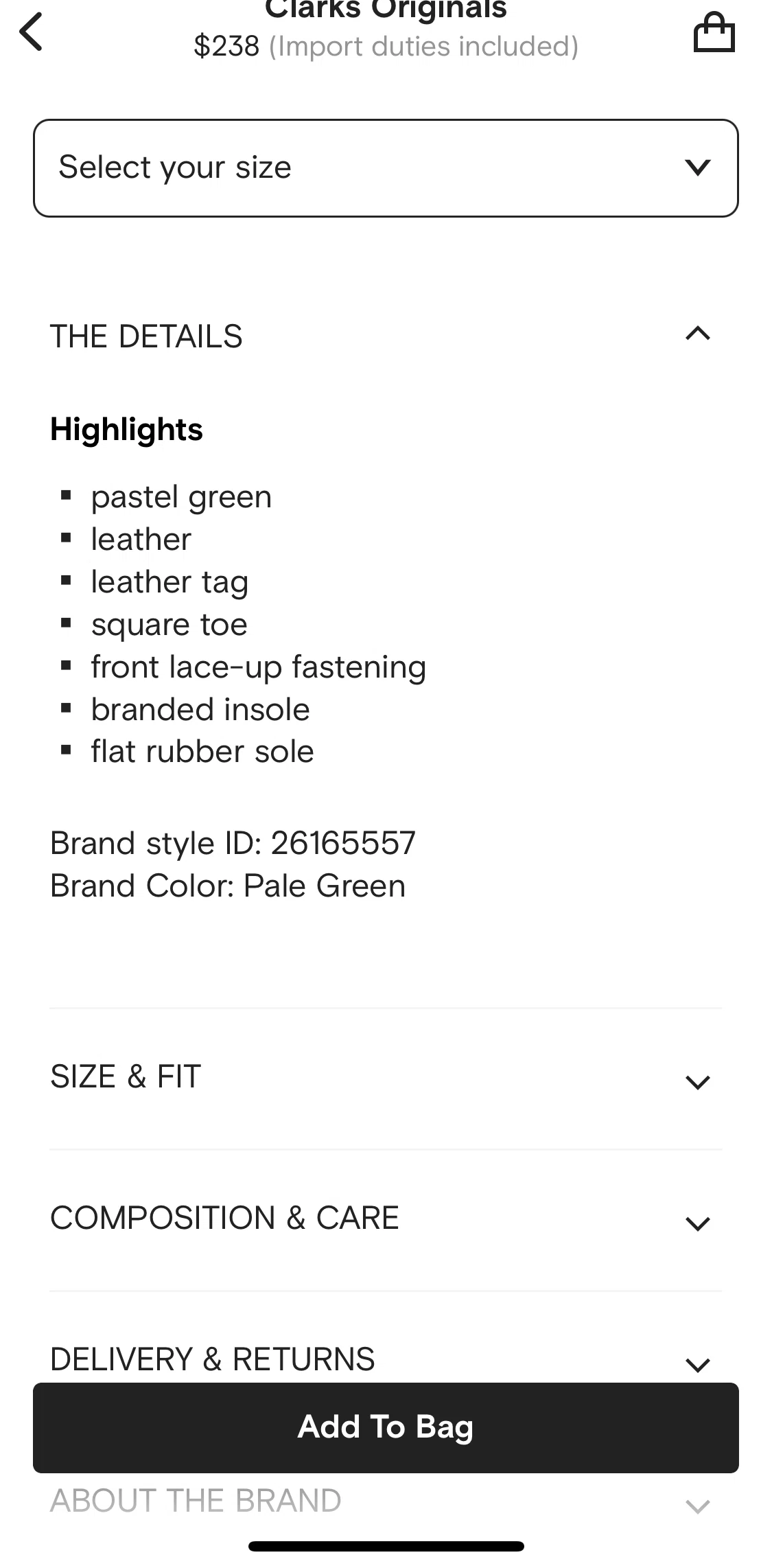 FARFETCH Screen screen in the Adding product to bag flow